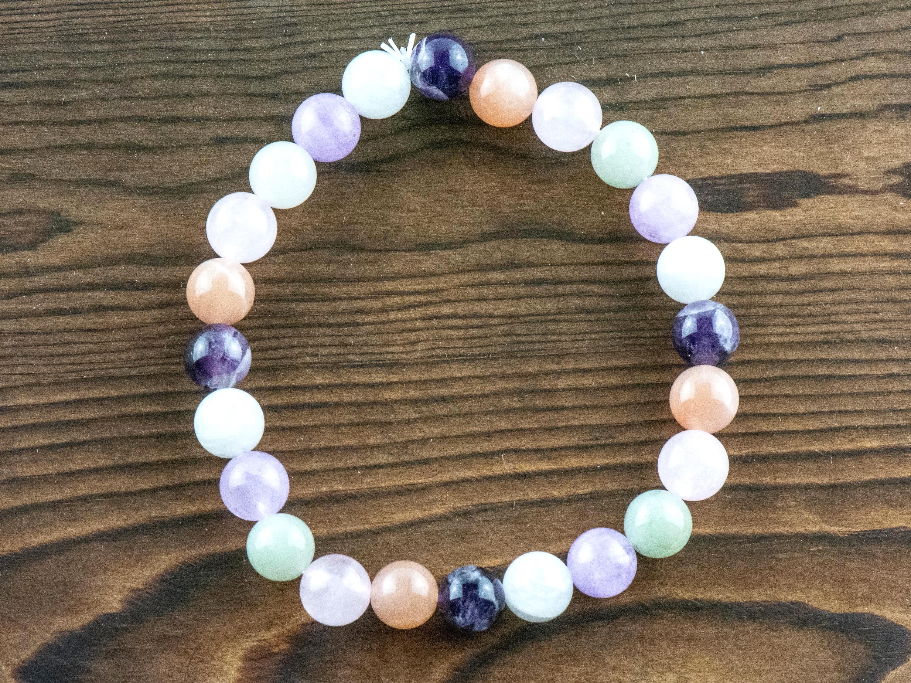 Moonstone • Sunstone • Rose Quartz • Amethyst • Burmese Jade • Multi Gemstone Beaded Stretch Bracelet • Simple Unisex Semi-Precious Jewelry