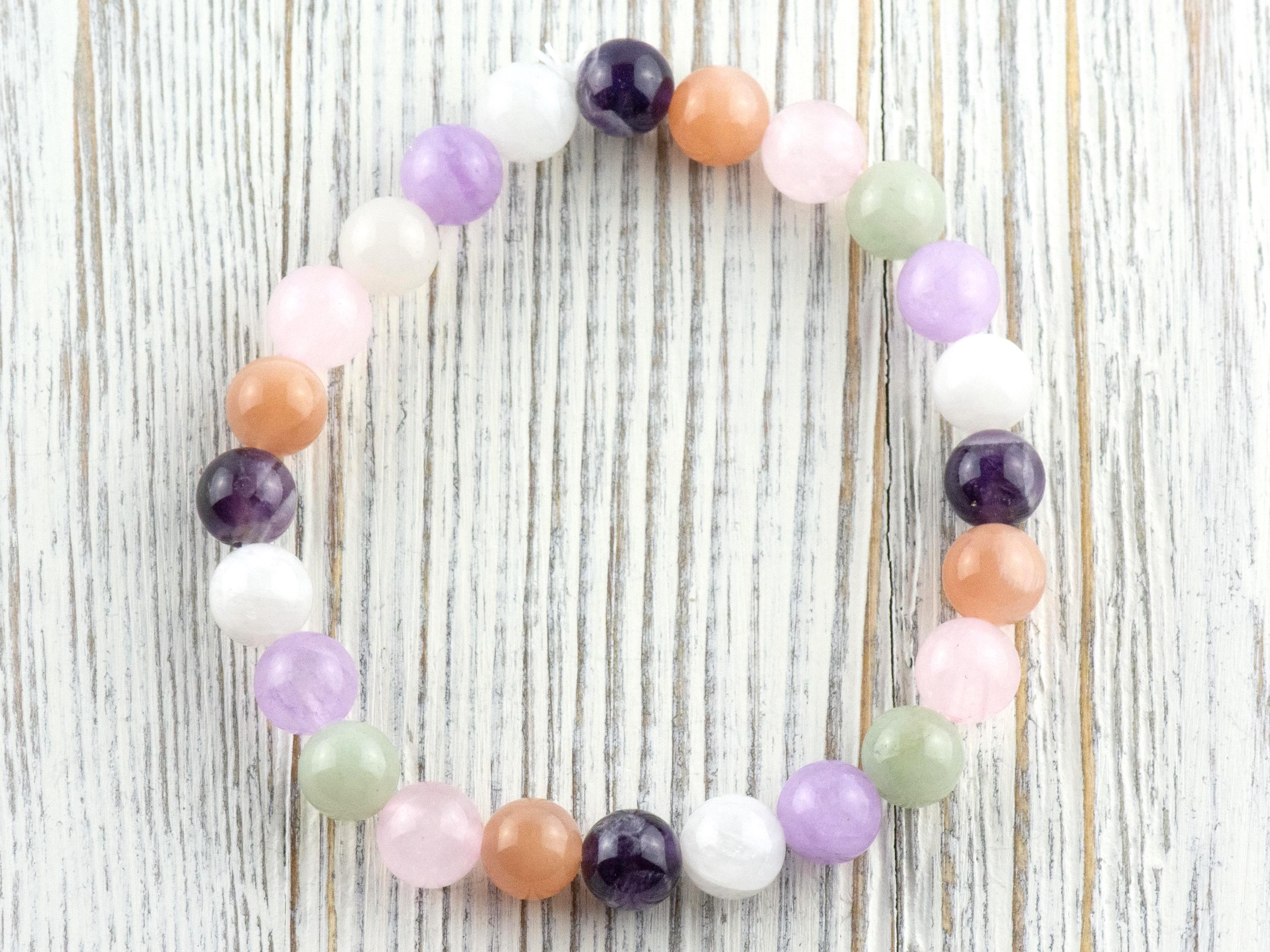 Moonstone • Sunstone • Rose Quartz • Amethyst • Burmese Jade • Multi Gemstone Beaded Stretch Bracelet • Simple Unisex Semi-Precious Jewelry