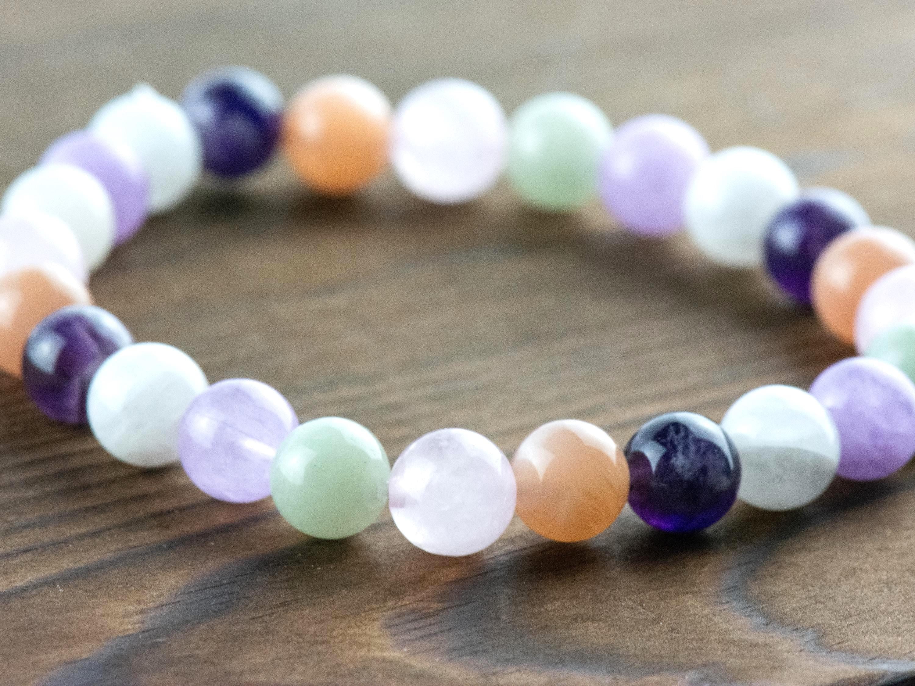 Moonstone • Sunstone • Rose Quartz • Amethyst • Burmese Jade • Multi Gemstone Beaded Stretch Bracelet • Simple Unisex Semi-Precious Jewelry