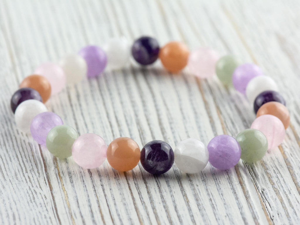 Moonstone • Sunstone • Rose Quartz • Amethyst • Burmese Jade • Multi Gemstone Beaded Stretch Bracelet • Simple Unisex Semi-Precious Jewelry