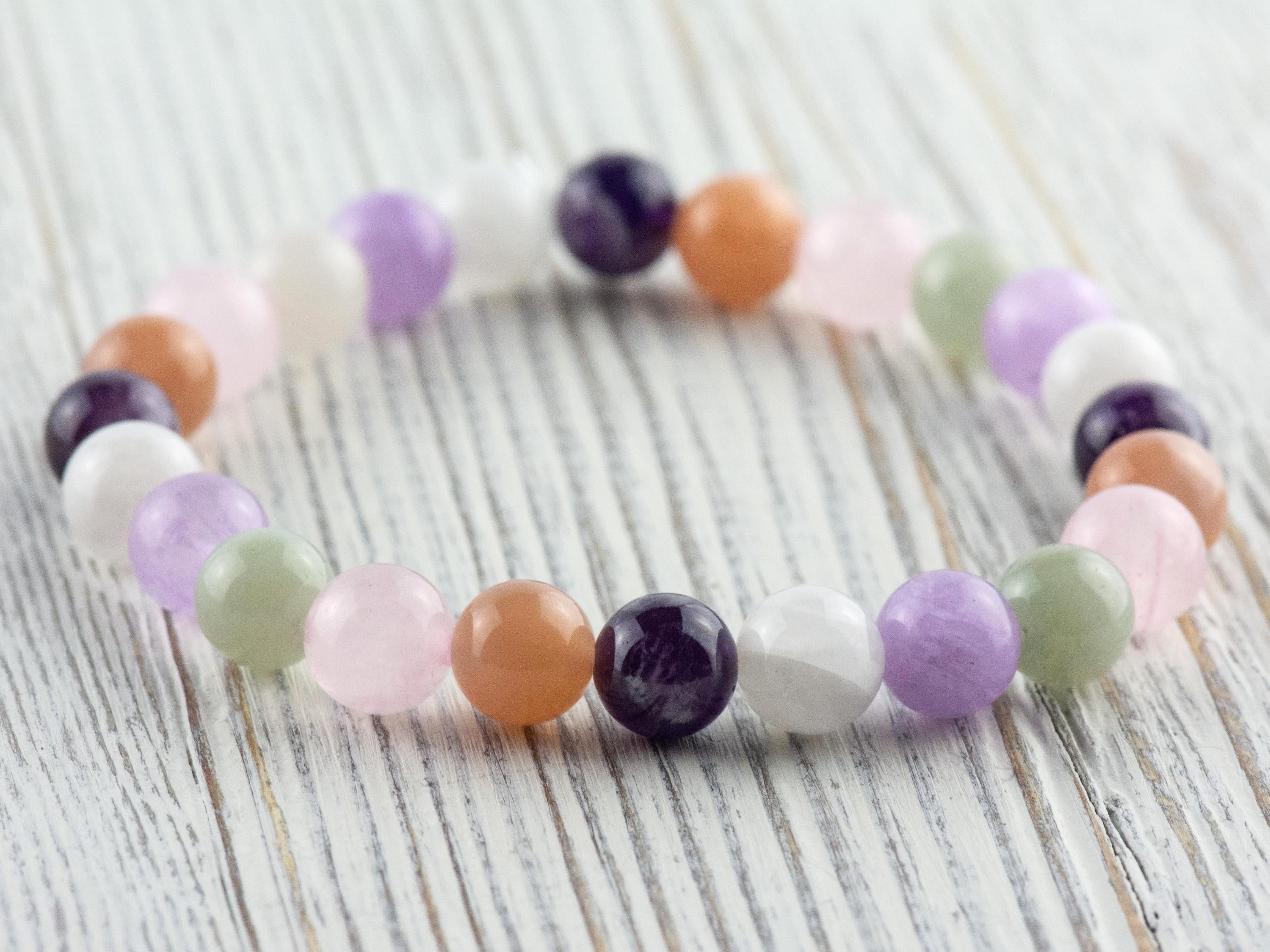 Moonstone • Sunstone • Rose Quartz • Amethyst • Burmese Jade • Multi Gemstone Beaded Stretch Bracelet • Simple Unisex Semi-Precious Jewelry