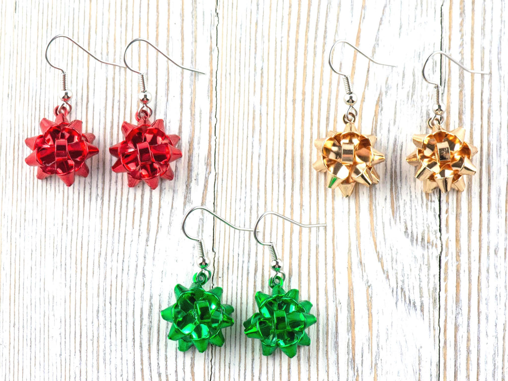 Red • Green • Gold • Christmas Bow Dangle Earrings • Handmade Holiday Jewelry