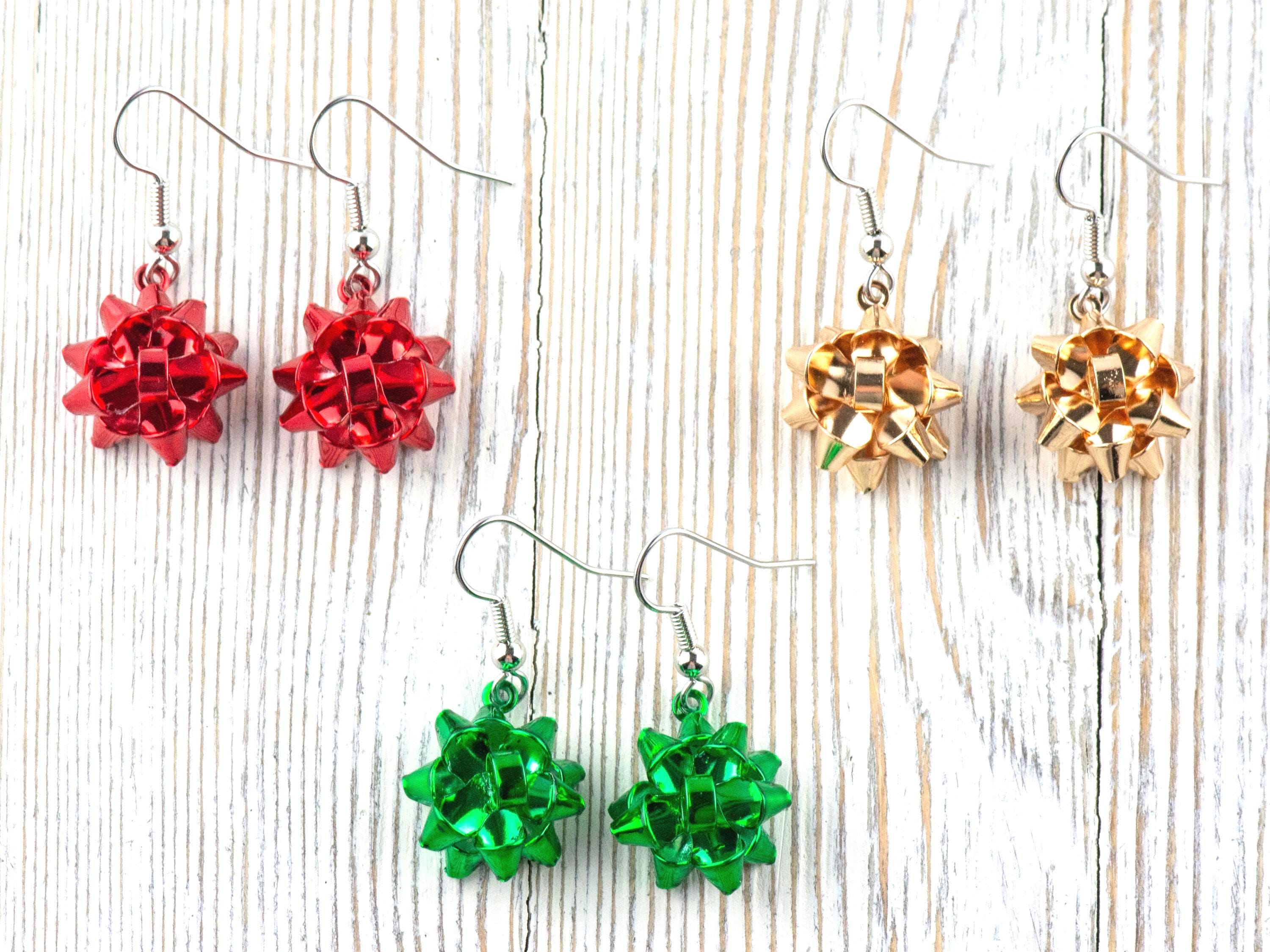 Red • Green • Gold • Christmas Bow Dangle Earrings • Handmade Holiday Jewelry