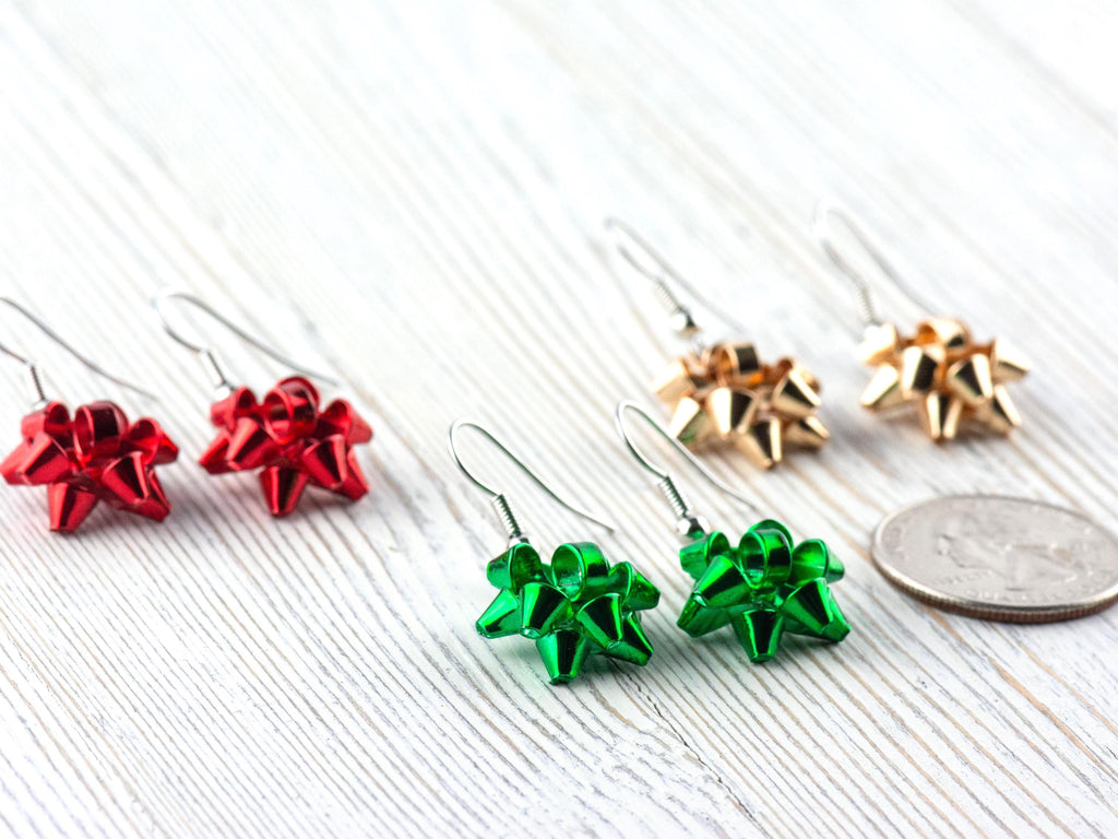 Red • Green • Gold • Christmas Bow Dangle Earrings • Handmade Holiday Jewelry