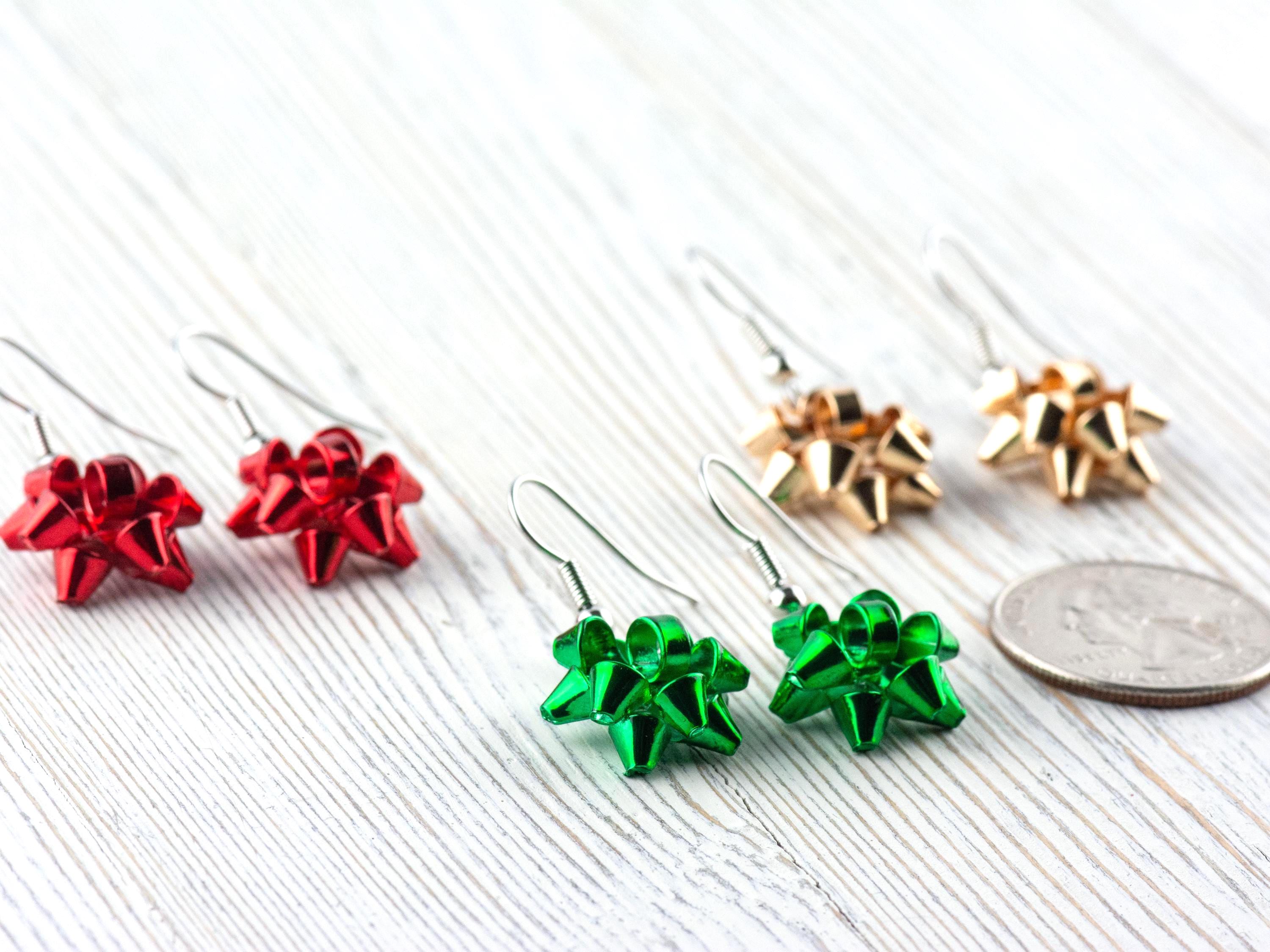 Red • Green • Gold • Christmas Bow Dangle Earrings • Handmade Holiday Jewelry
