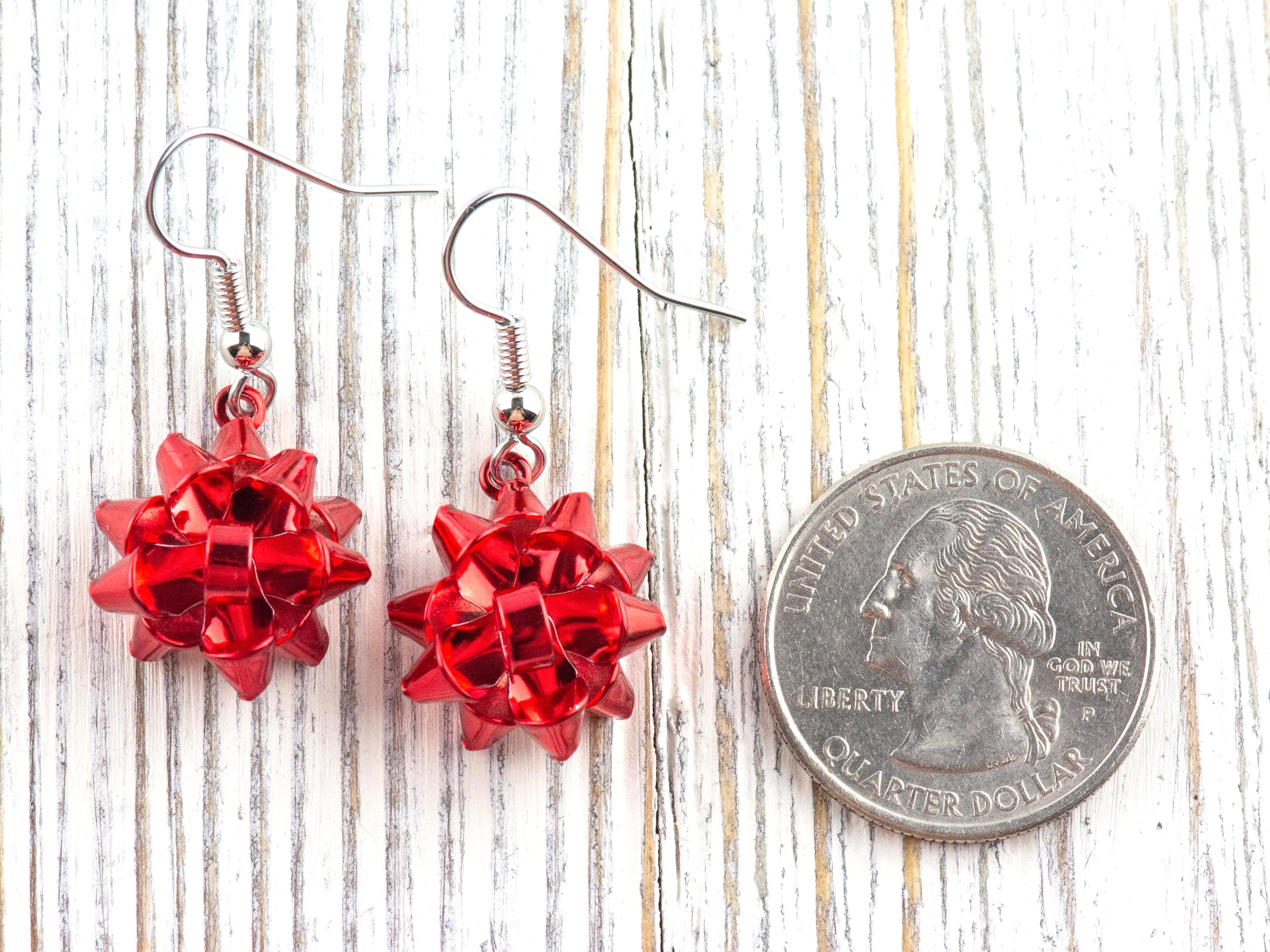 Red • Green • Gold • Christmas Bow Dangle Earrings • Handmade Holiday Jewelry