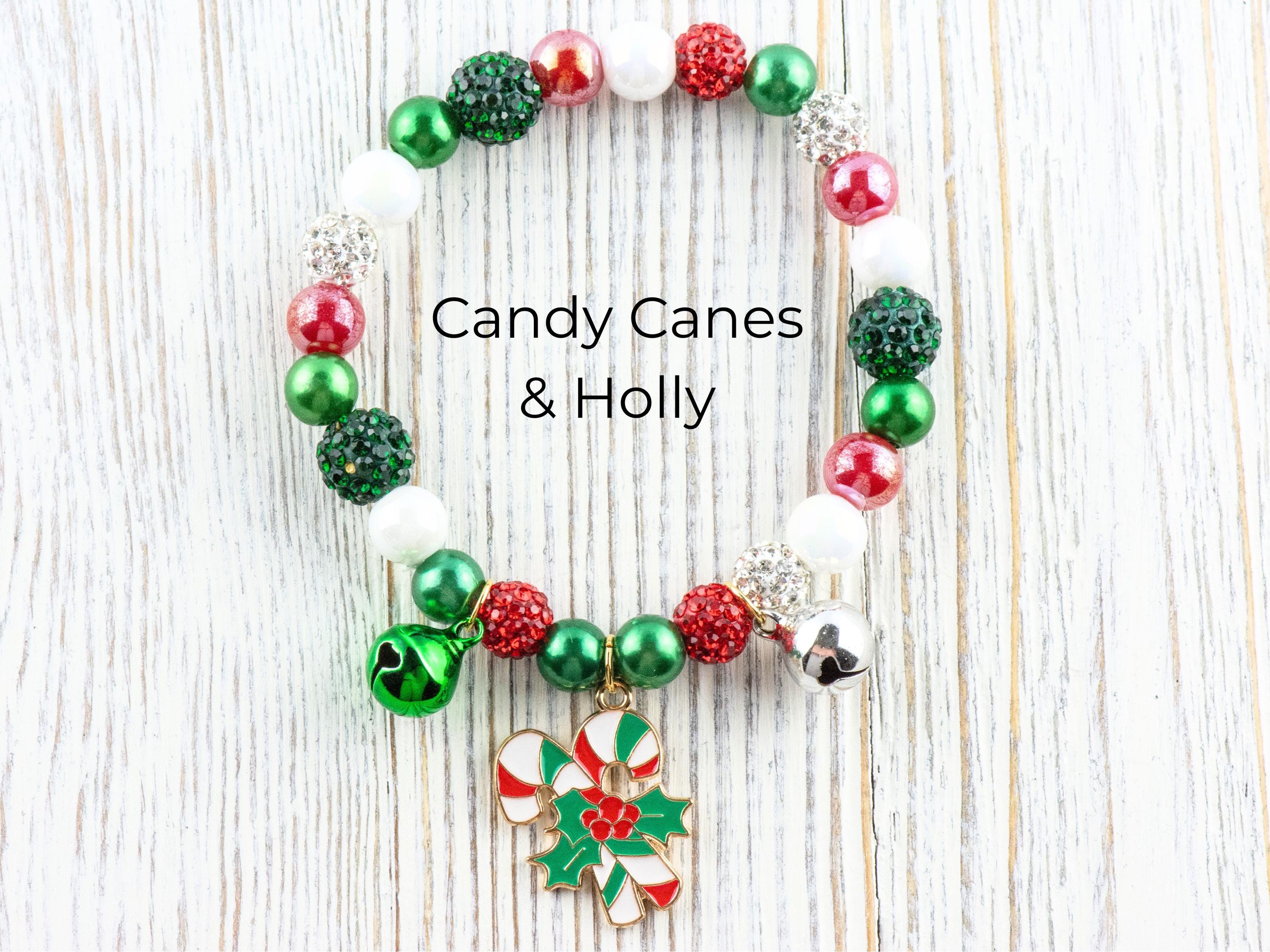 Red & Green Christmas Charm Beaded Stretch Bracelet • Jingle Bells • Holiday Jewelry
