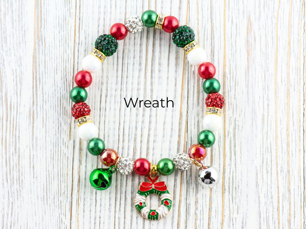 Red & Green Christmas Charm Beaded Stretch Bracelet • Jingle Bells • Holiday Jewelry