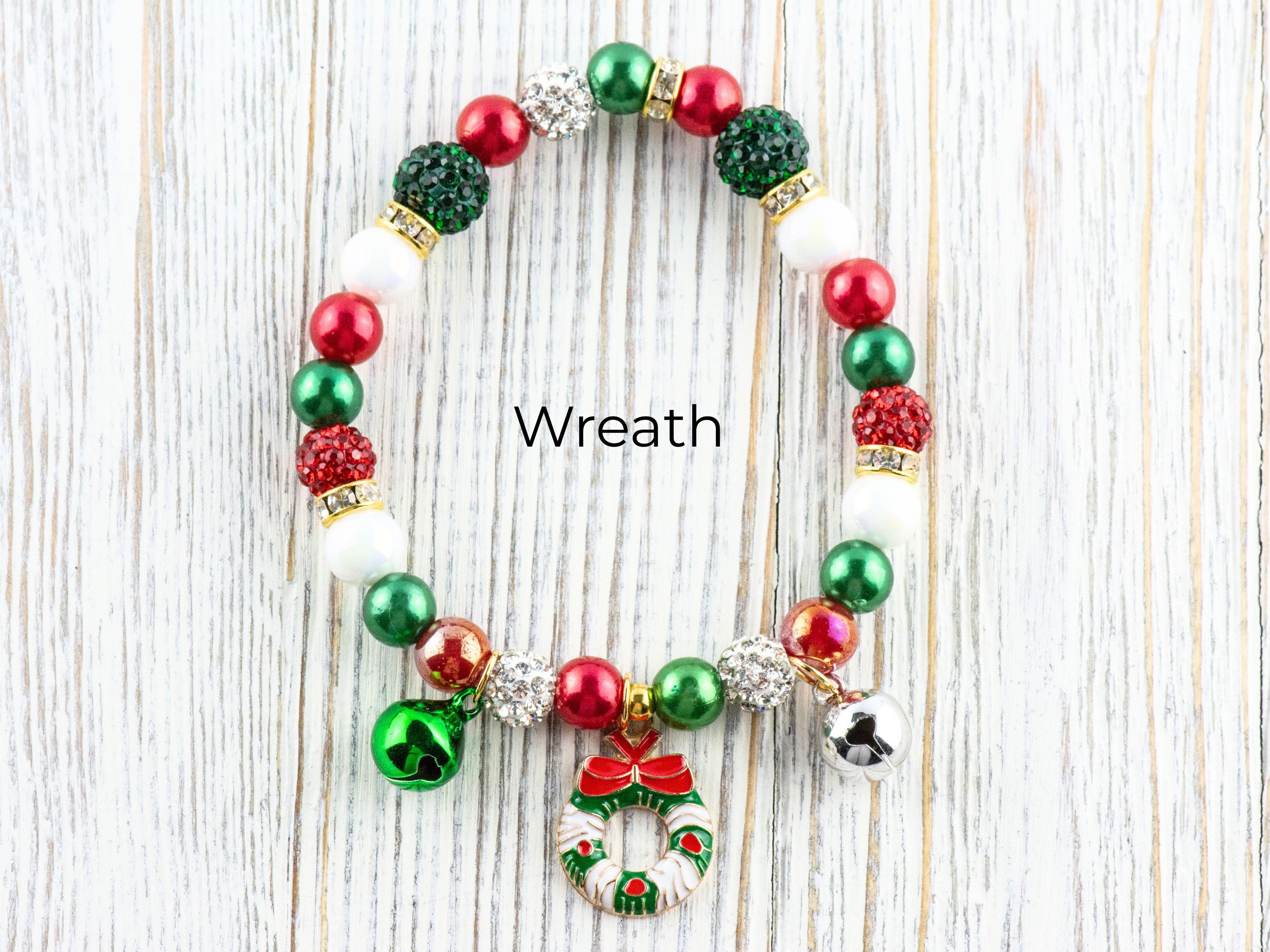 Red & Green Christmas Charm Beaded Stretch Bracelet • Jingle Bells • Holiday Jewelry