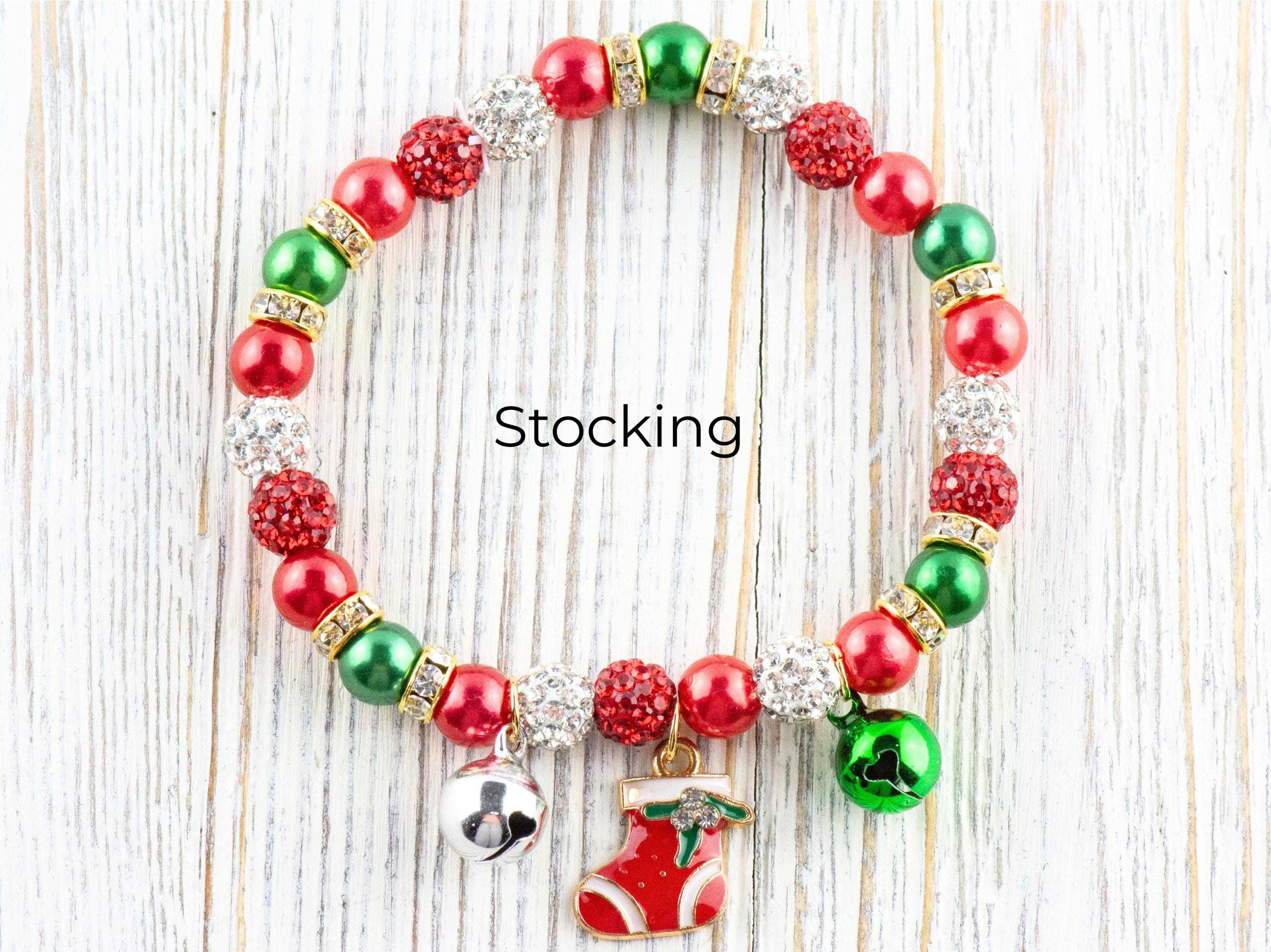 Red & Green Christmas Charm Beaded Stretch Bracelet • Jingle Bells • Holiday Jewelry