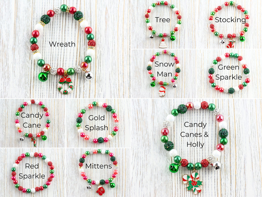 Red & Green Christmas Charm Beaded Stretch Bracelet • Jingle Bells • Holiday Jewelry