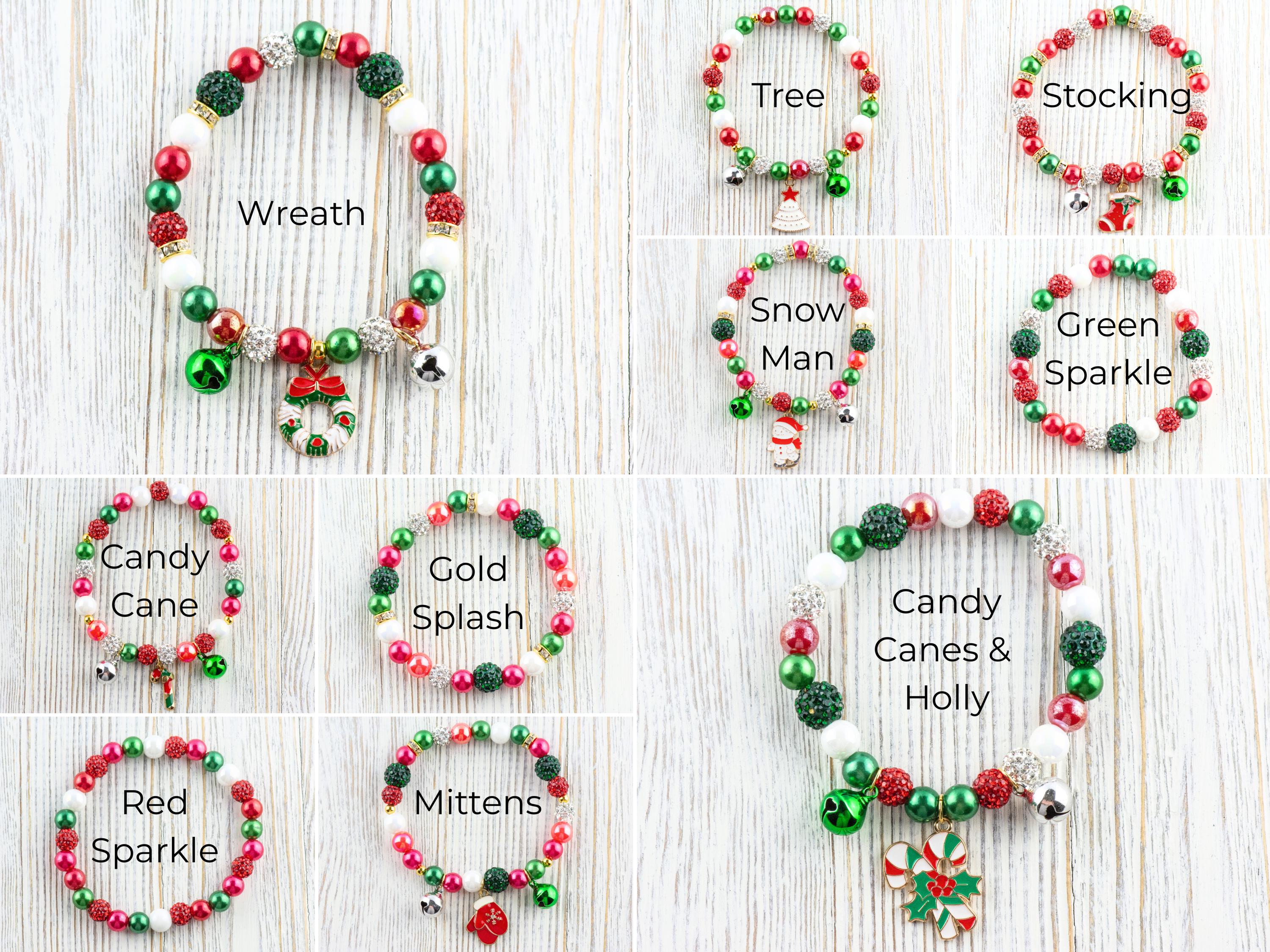 Red & Green Christmas Charm Beaded Stretch Bracelet • Jingle Bells • Holiday Jewelry