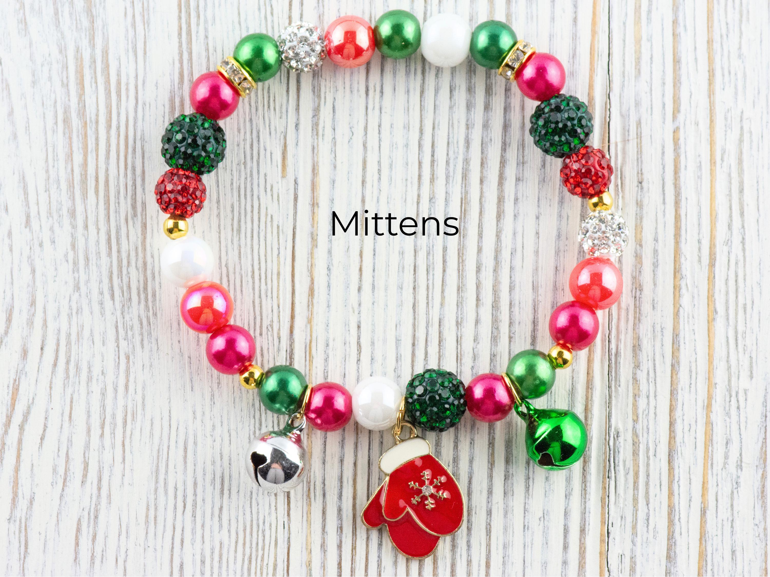 Red & Green Christmas Charm Beaded Stretch Bracelet • Jingle Bells • Holiday Jewelry