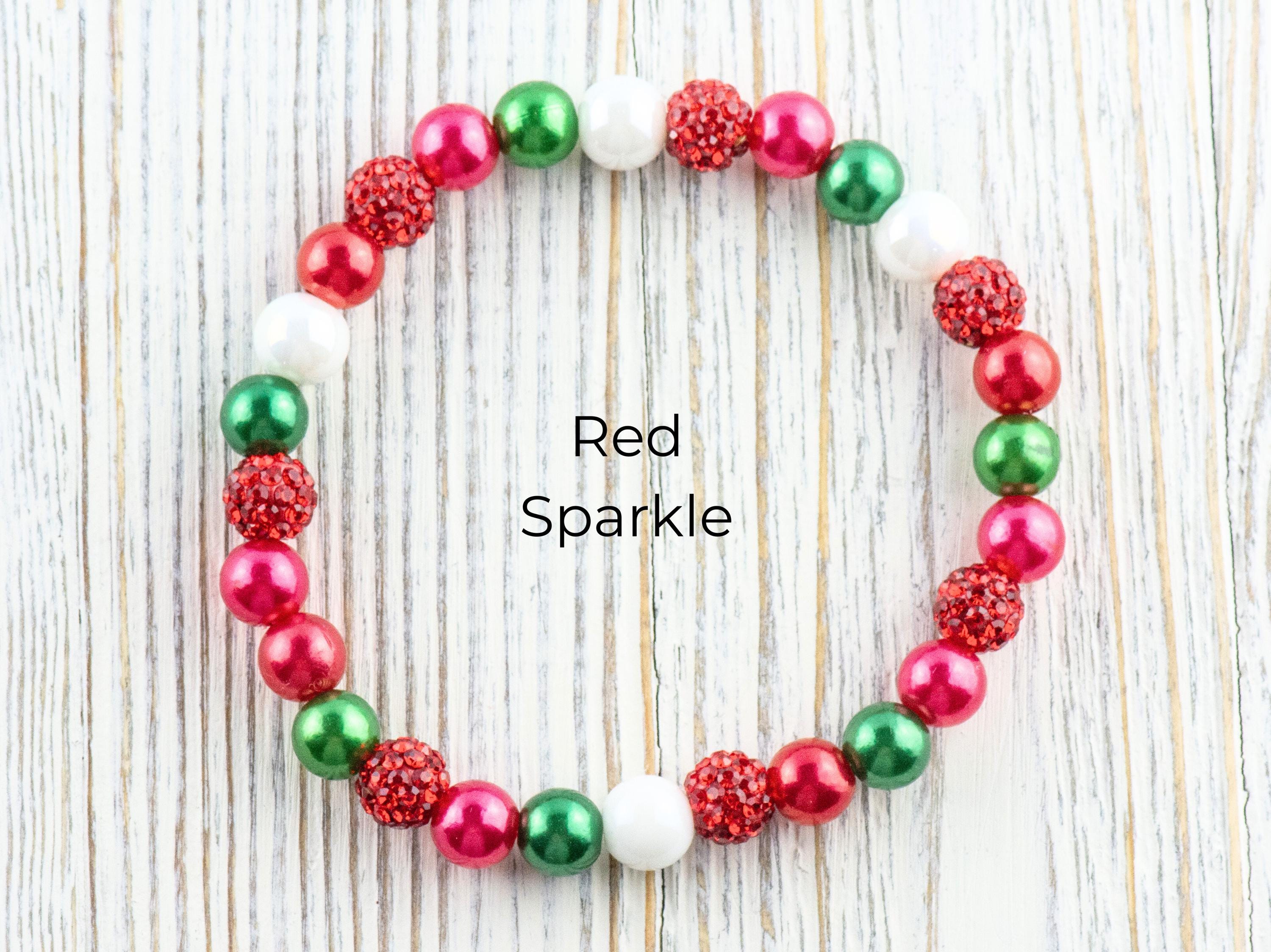 Red & Green Christmas Charm Beaded Stretch Bracelet • Jingle Bells • Holiday Jewelry
