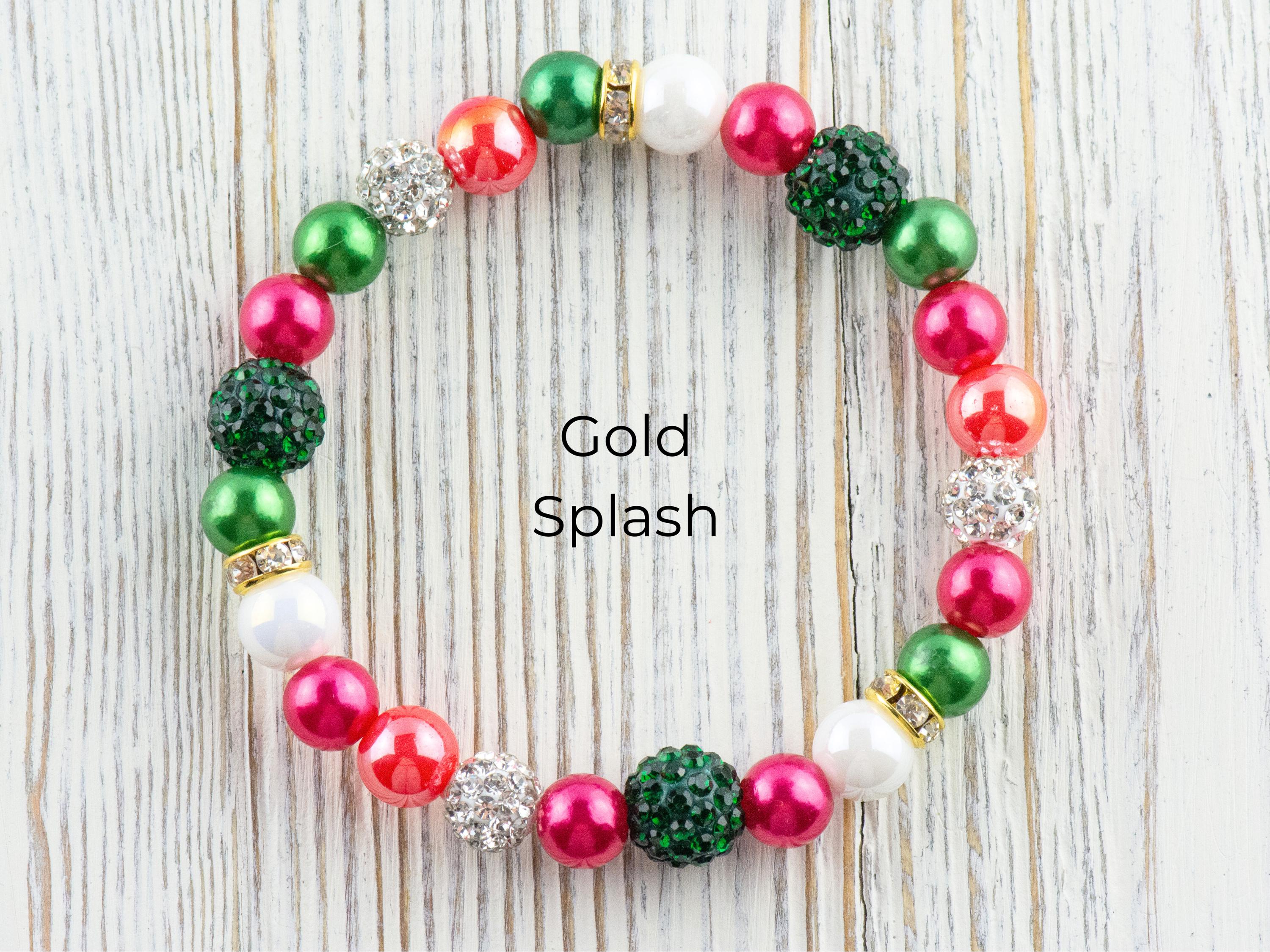Red & Green Christmas Charm Beaded Stretch Bracelet • Jingle Bells • Holiday Jewelry