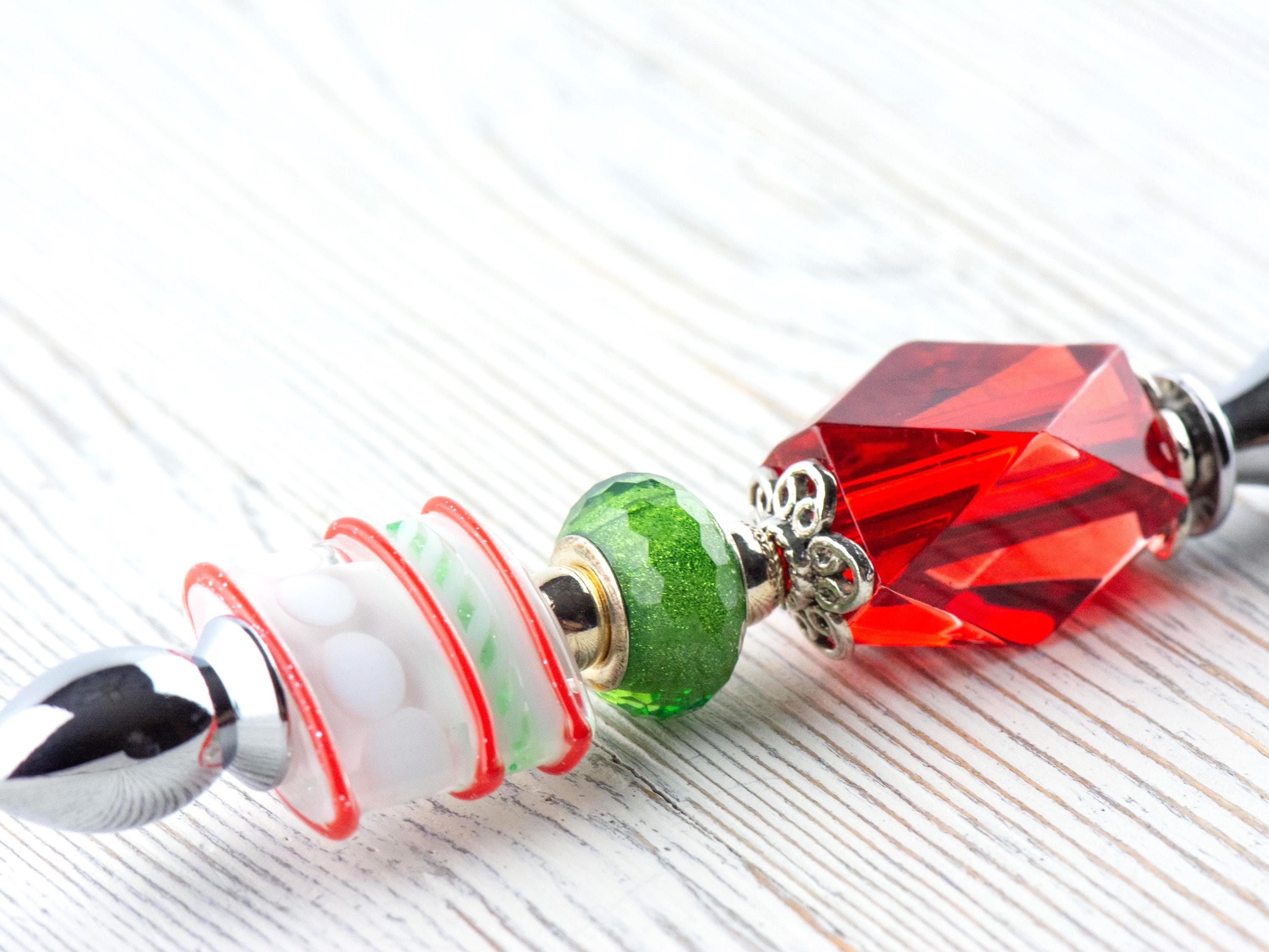 Red and Green Christmas Glass Beaded Silver Letter Opener • Paper Knife • Desk Accessory