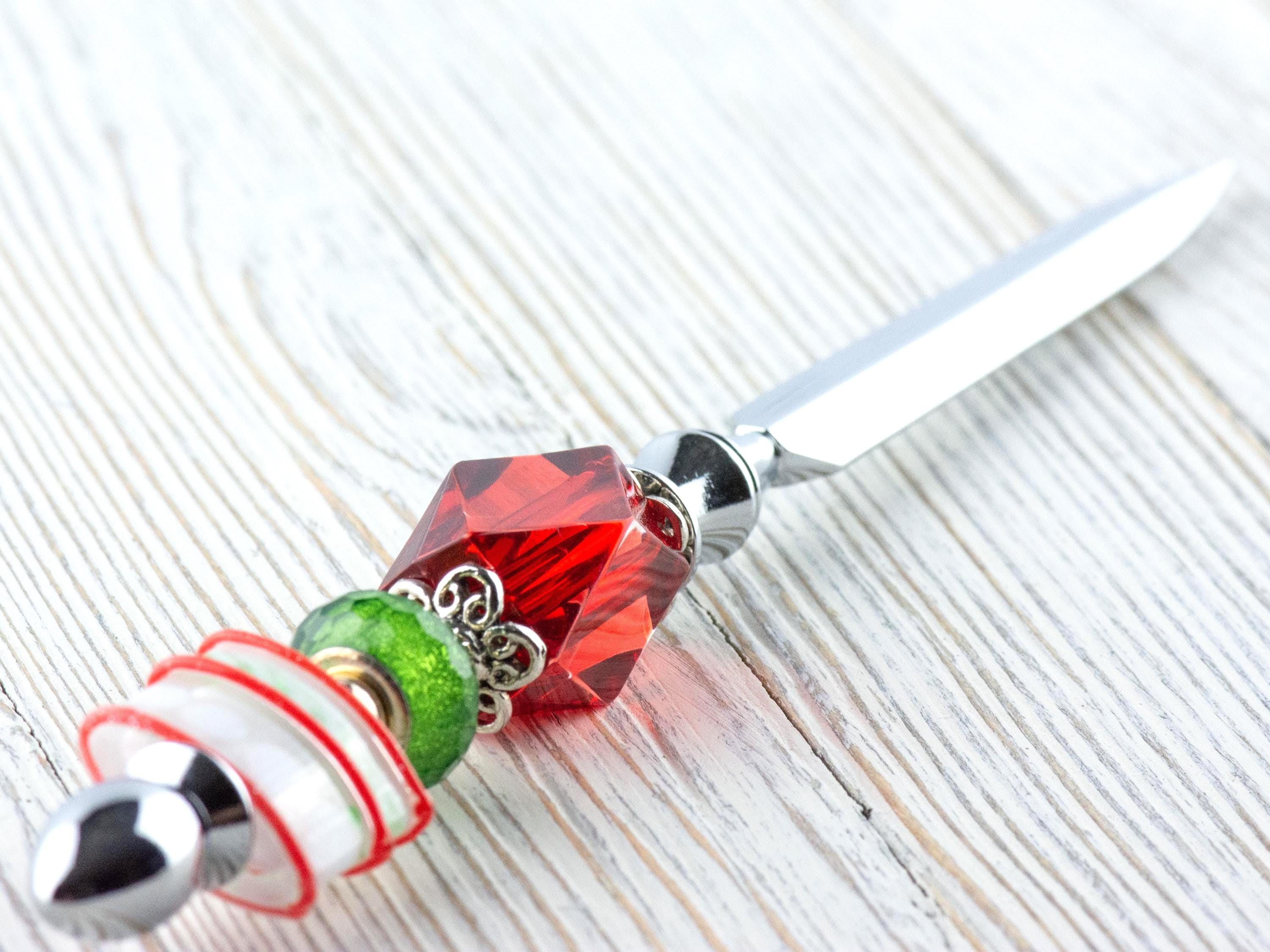 Red and Green Christmas Glass Beaded Silver Letter Opener • Paper Knife • Desk Accessory