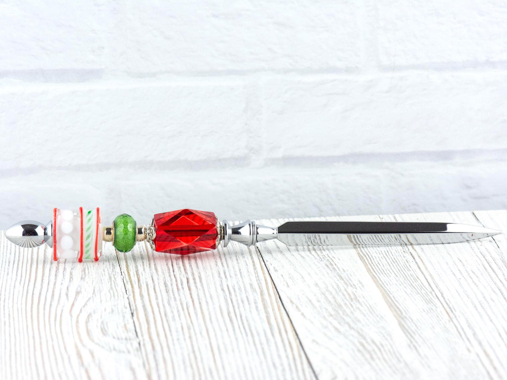 Red and Green Christmas Glass Beaded Silver Letter Opener • Paper Knife • Desk Accessory