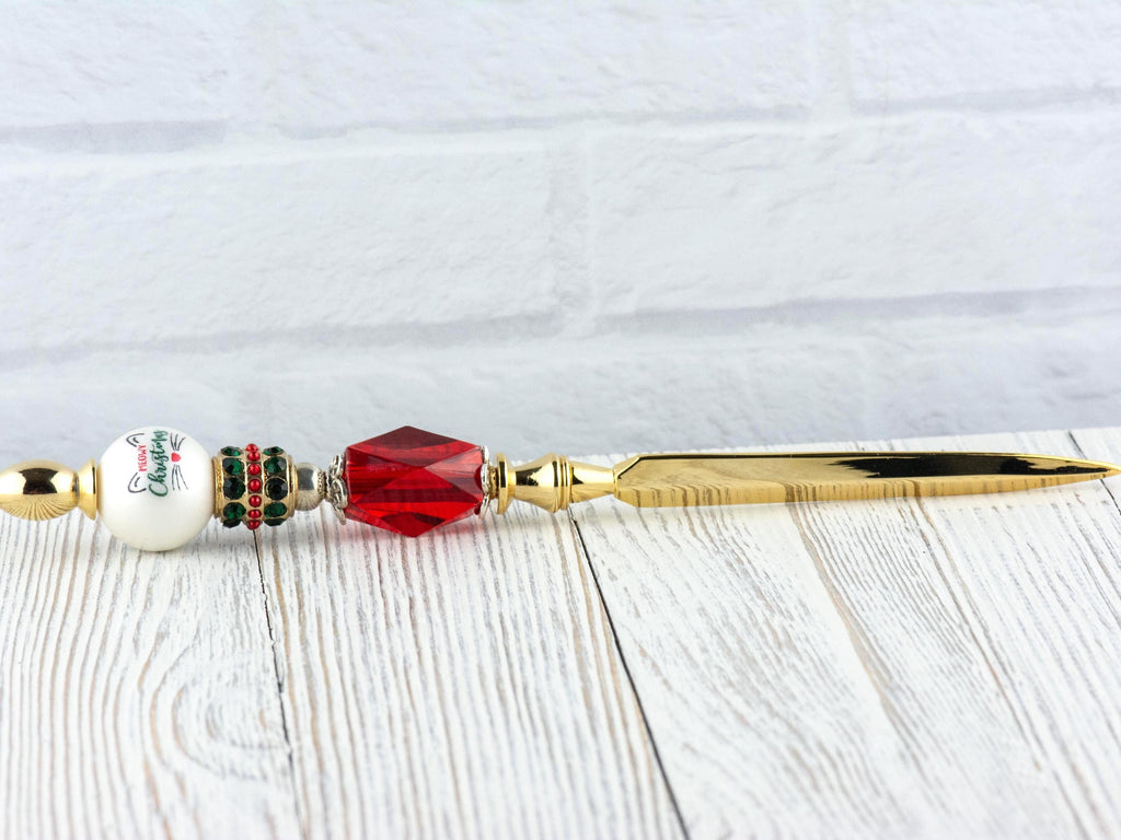 Meowy Christmas Glass Beaded Gold Letter Opener • Paper Knife • Desk Accessory