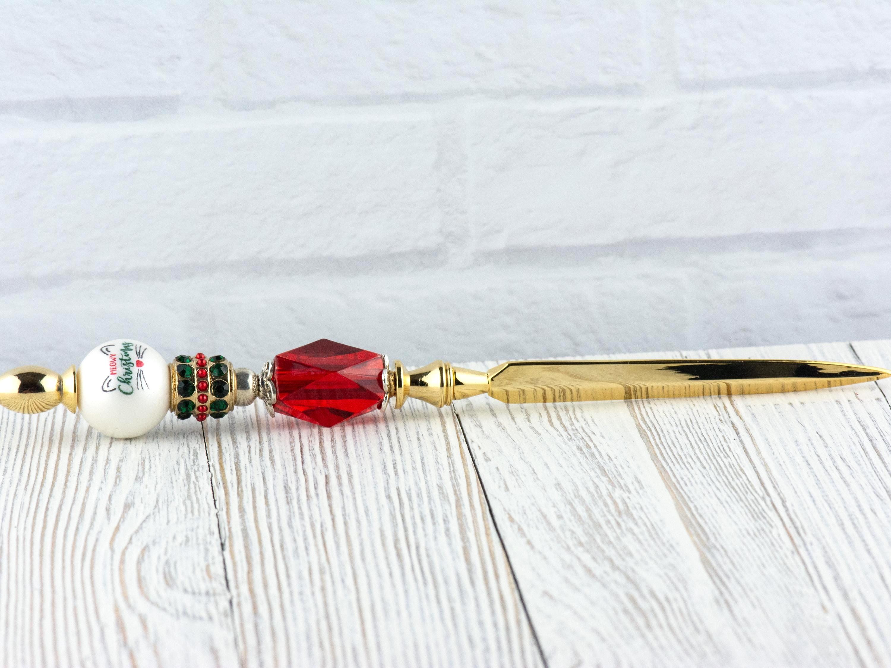 Meowy Christmas Glass Beaded Gold Letter Opener • Paper Knife • Desk Accessory