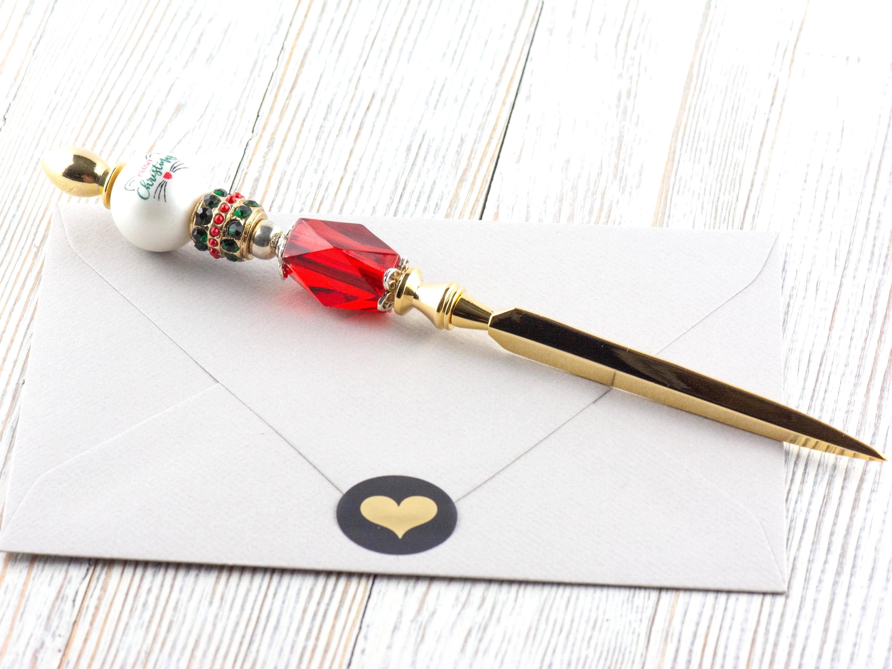 Meowy Christmas Glass Beaded Gold Letter Opener • Paper Knife • Desk Accessory