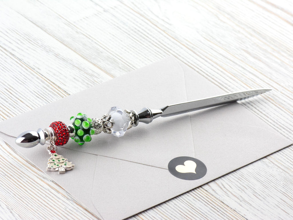 Christmas Tree Charm Glass Beaded Silver Letter Opener • Paper Knife • Desk Accessory