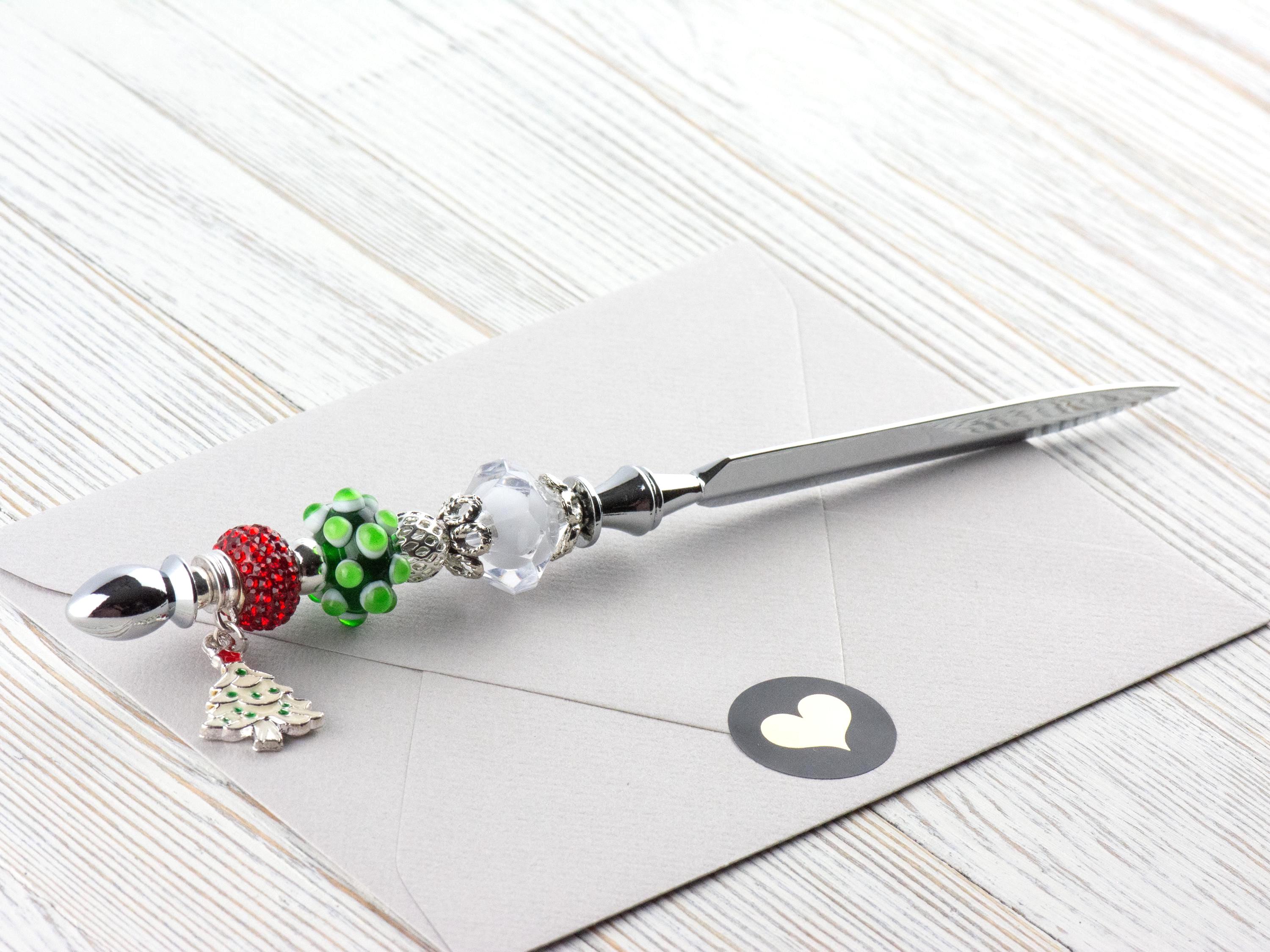 Christmas Tree Charm Glass Beaded Silver Letter Opener • Paper Knife • Desk Accessory