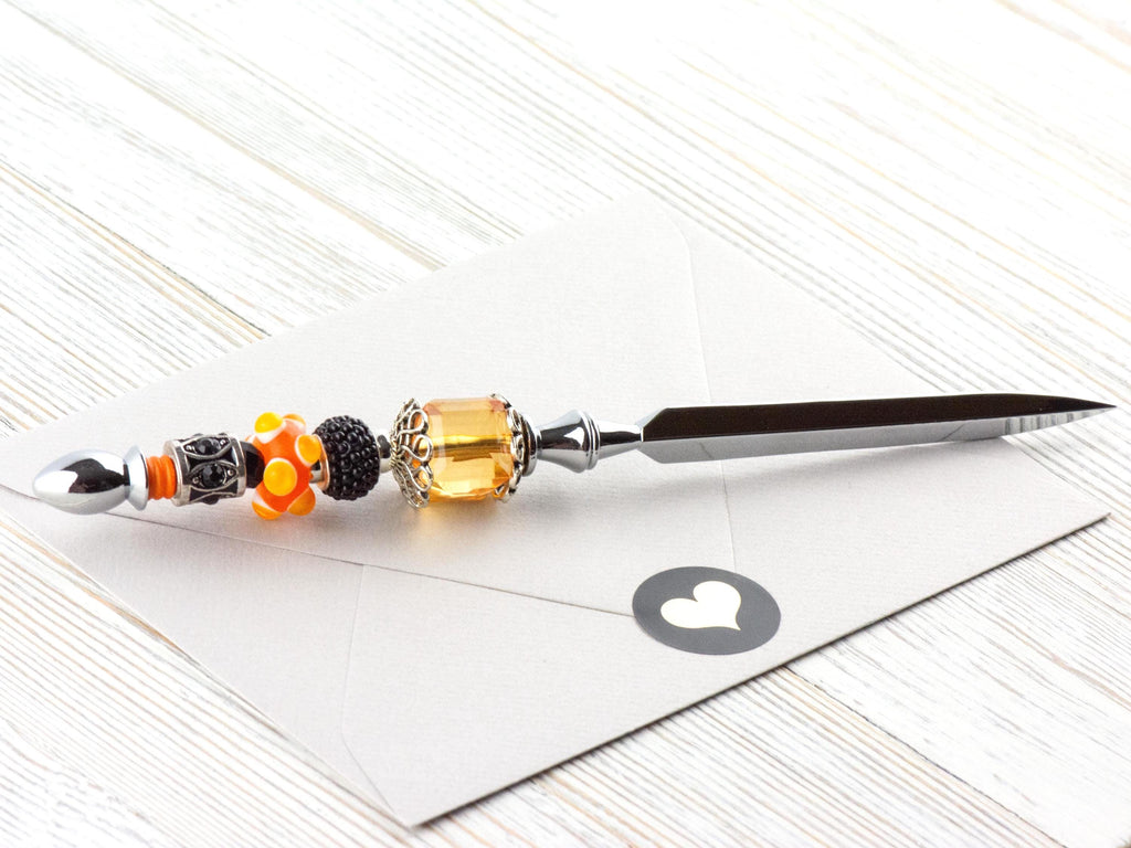 Orange and Black Glass Beaded Silver Letter Opener • Paper Knife • Desk Accessory