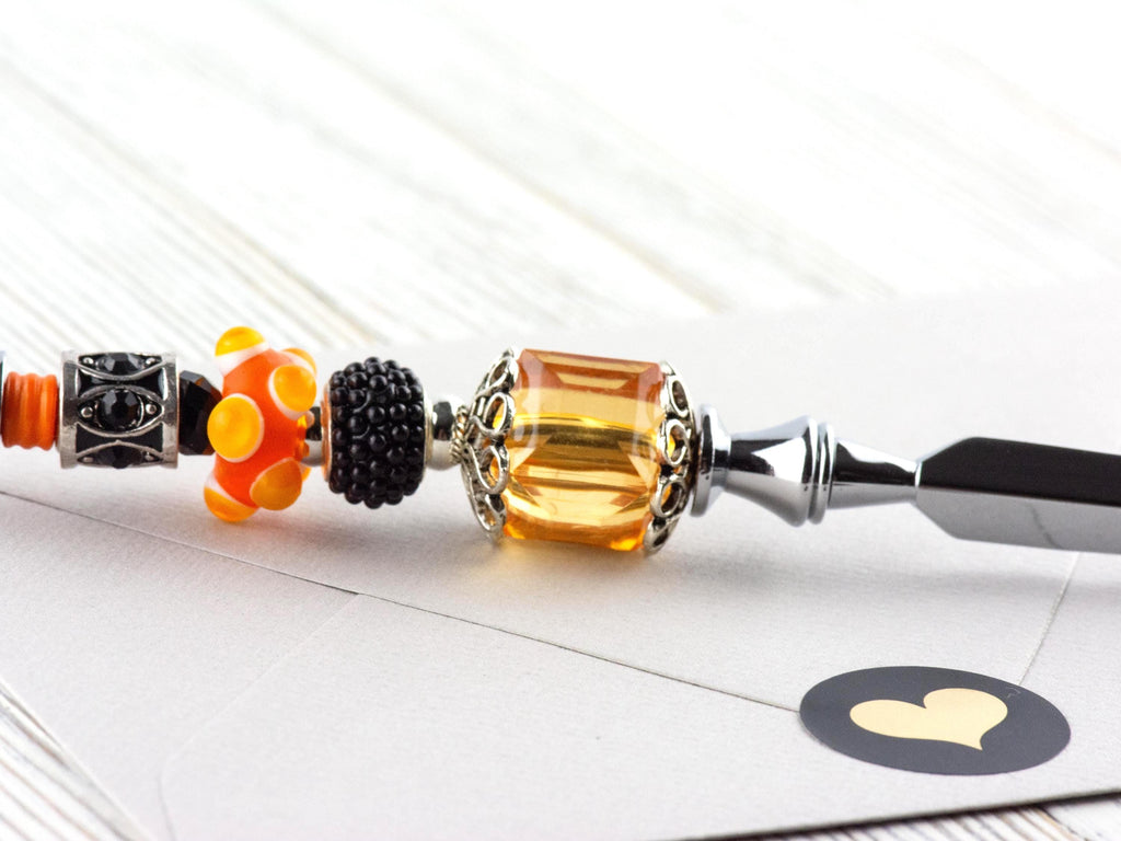 Orange and Black Glass Beaded Silver Letter Opener • Paper Knife • Desk Accessory