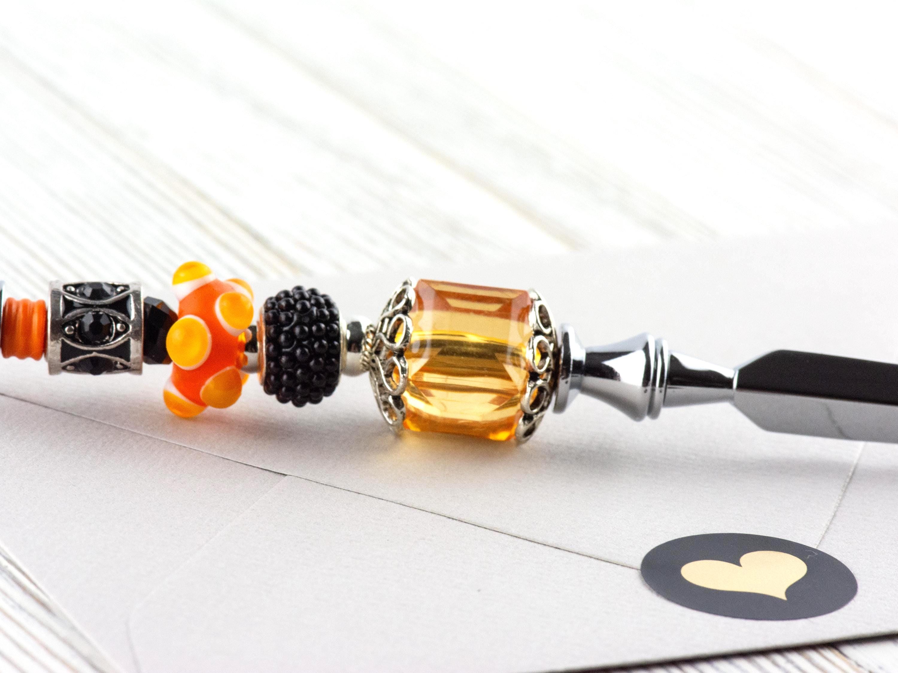 Orange and Black Glass Beaded Silver Letter Opener • Paper Knife • Desk Accessory