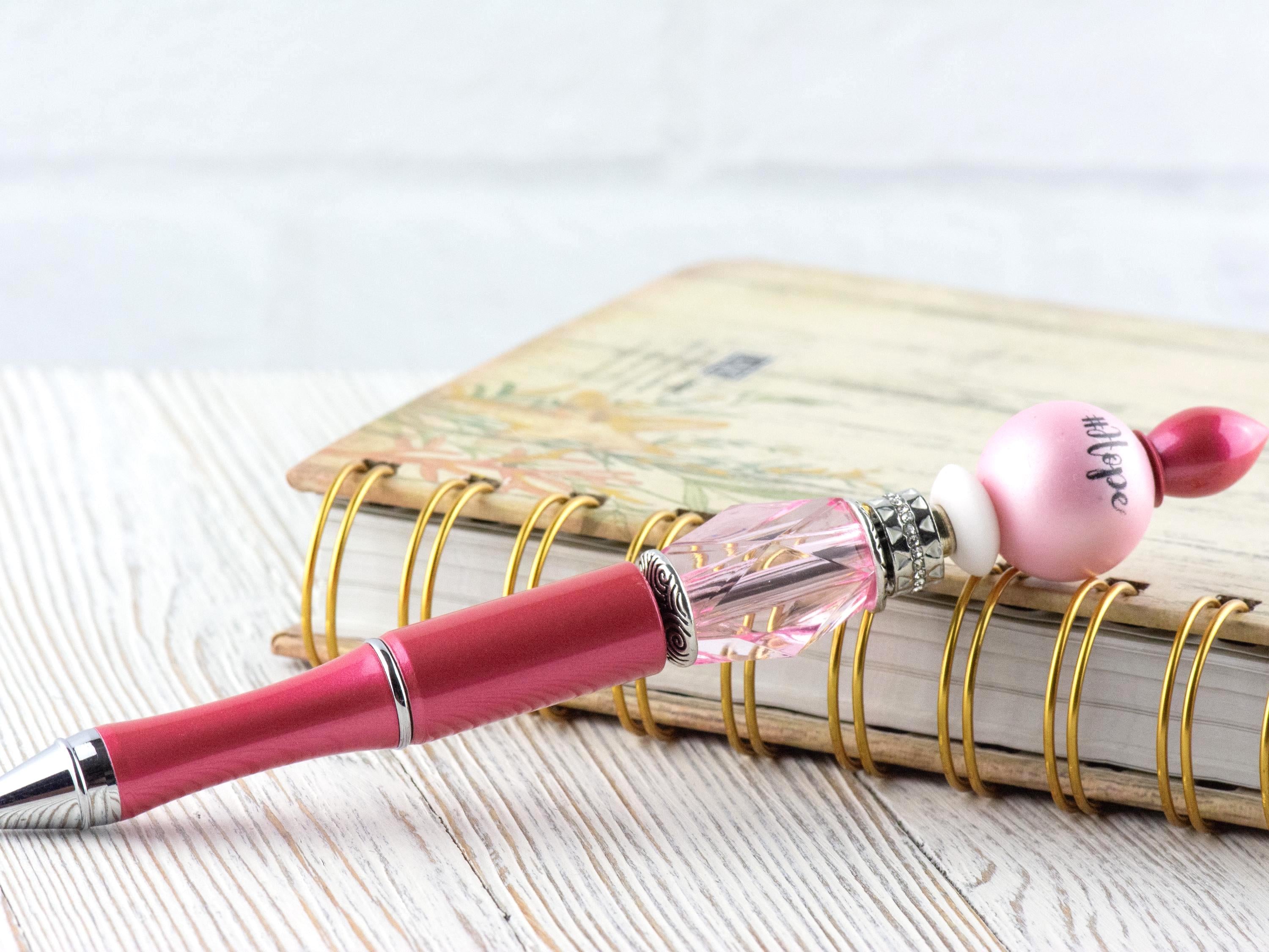 Hope Breast Cancer Awareness Beaded Metal Ballpoint Pen with Lampwork Glass Beads • Black Ink (Extra Refill)