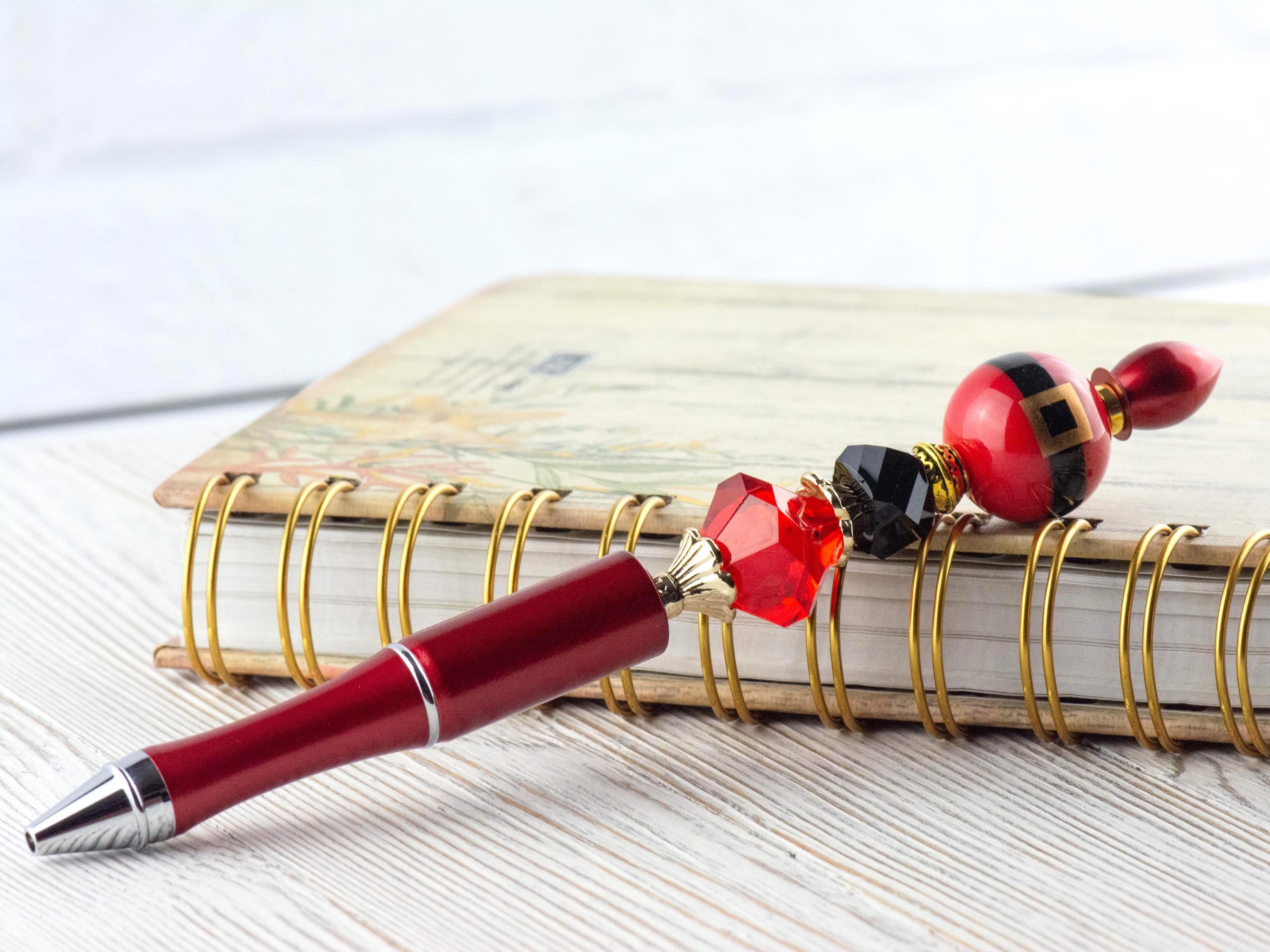 Santa Claus Christmas Beaded Metal Ballpoint Pen with Lampwork Glass Beads • Black Ink (Extra Refill)