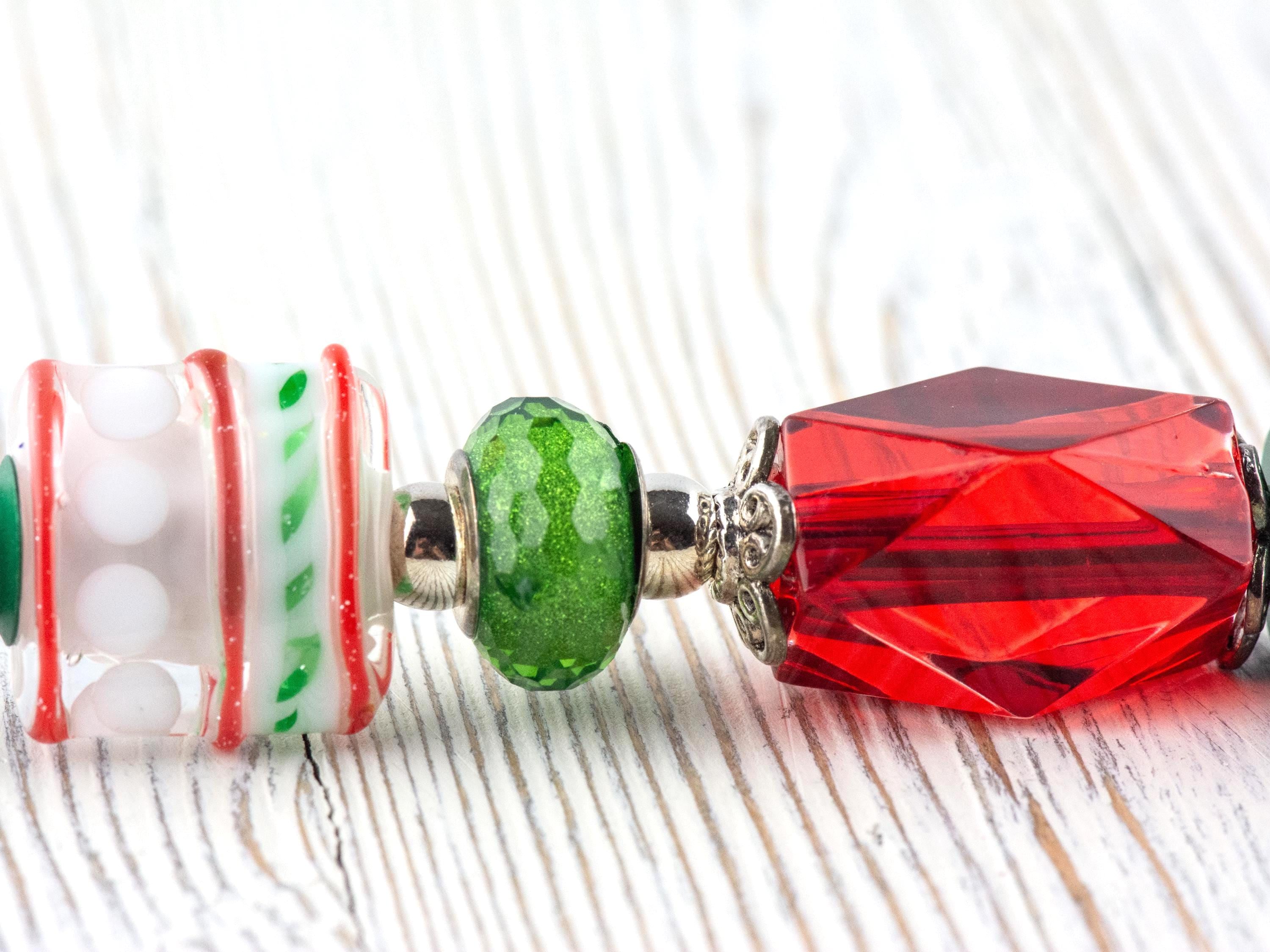 Red and Green Christmas Beaded Metal Ballpoint Pen with Lampwork Glass Beads • Black Ink (Extra Refill)