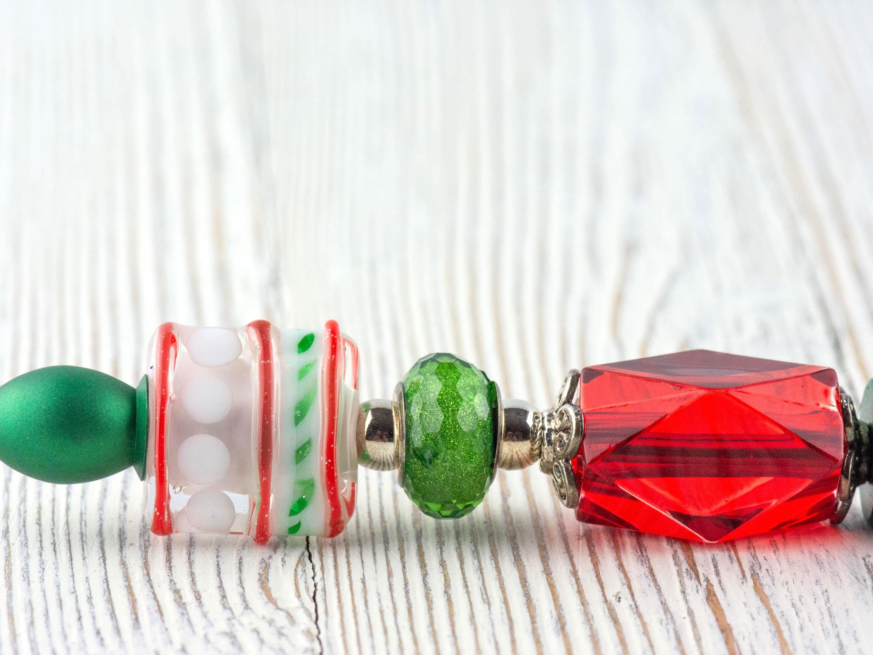 Red and Green Christmas Beaded Metal Ballpoint Pen with Lampwork Glass Beads • Black Ink (Extra Refill)