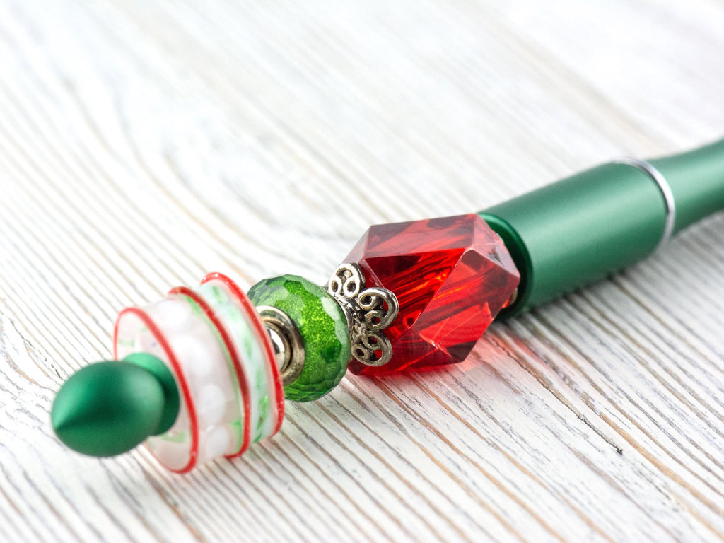 Red and Green Christmas Beaded Metal Ballpoint Pen with Lampwork Glass Beads • Black Ink (Extra Refill)