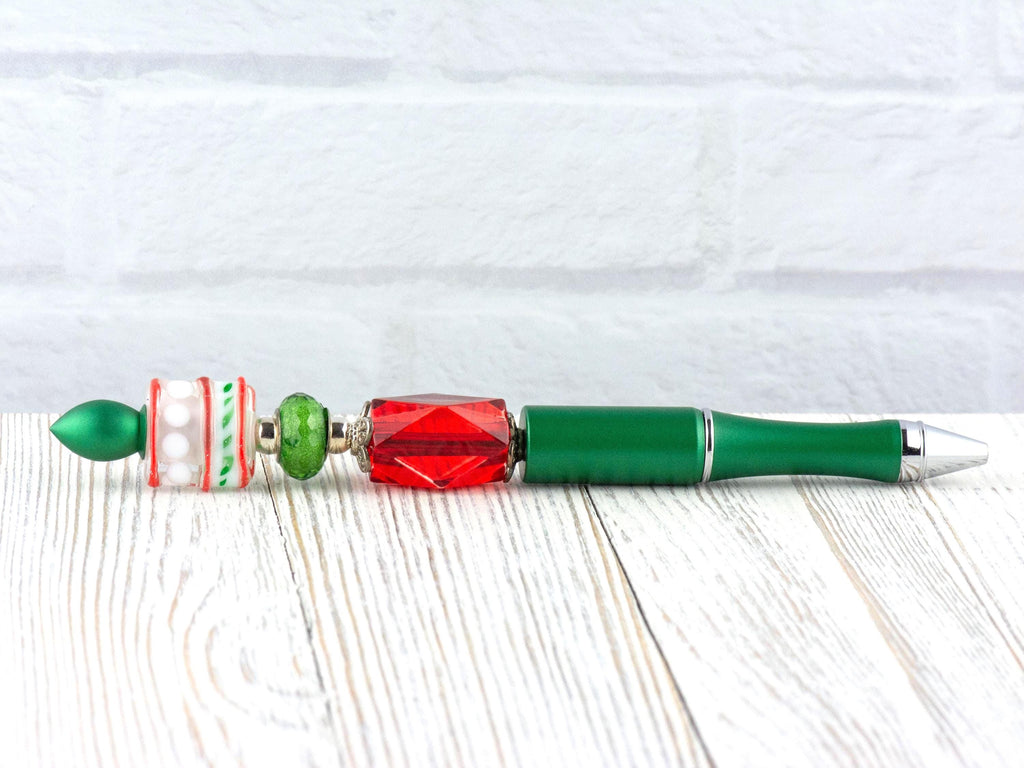 Red and Green Christmas Beaded Metal Ballpoint Pen with Lampwork Glass Beads • Black Ink (Extra Refill)