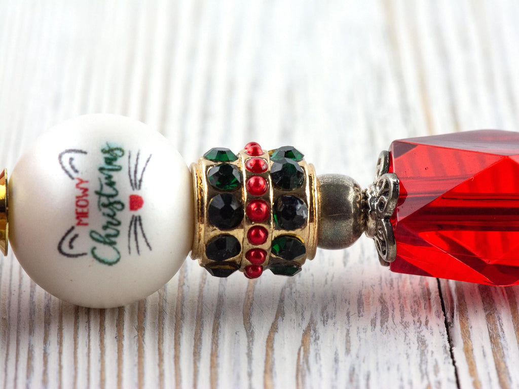 Meowy Christmas Beaded Metal Ballpoint Pen with Lampwork Glass Beads • Black Ink (Extra Refill)