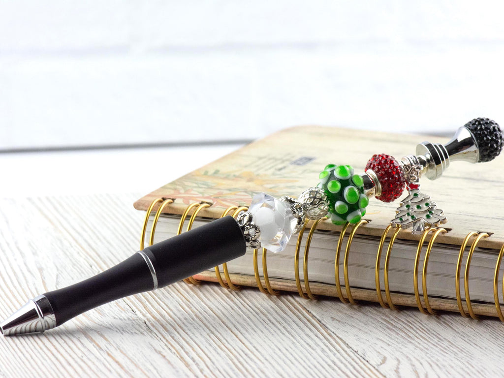 Christmas Tree Charm Beaded Metal Ballpoint Pen with Lampwork Glass Beads • Black Ink (Extra Refill)