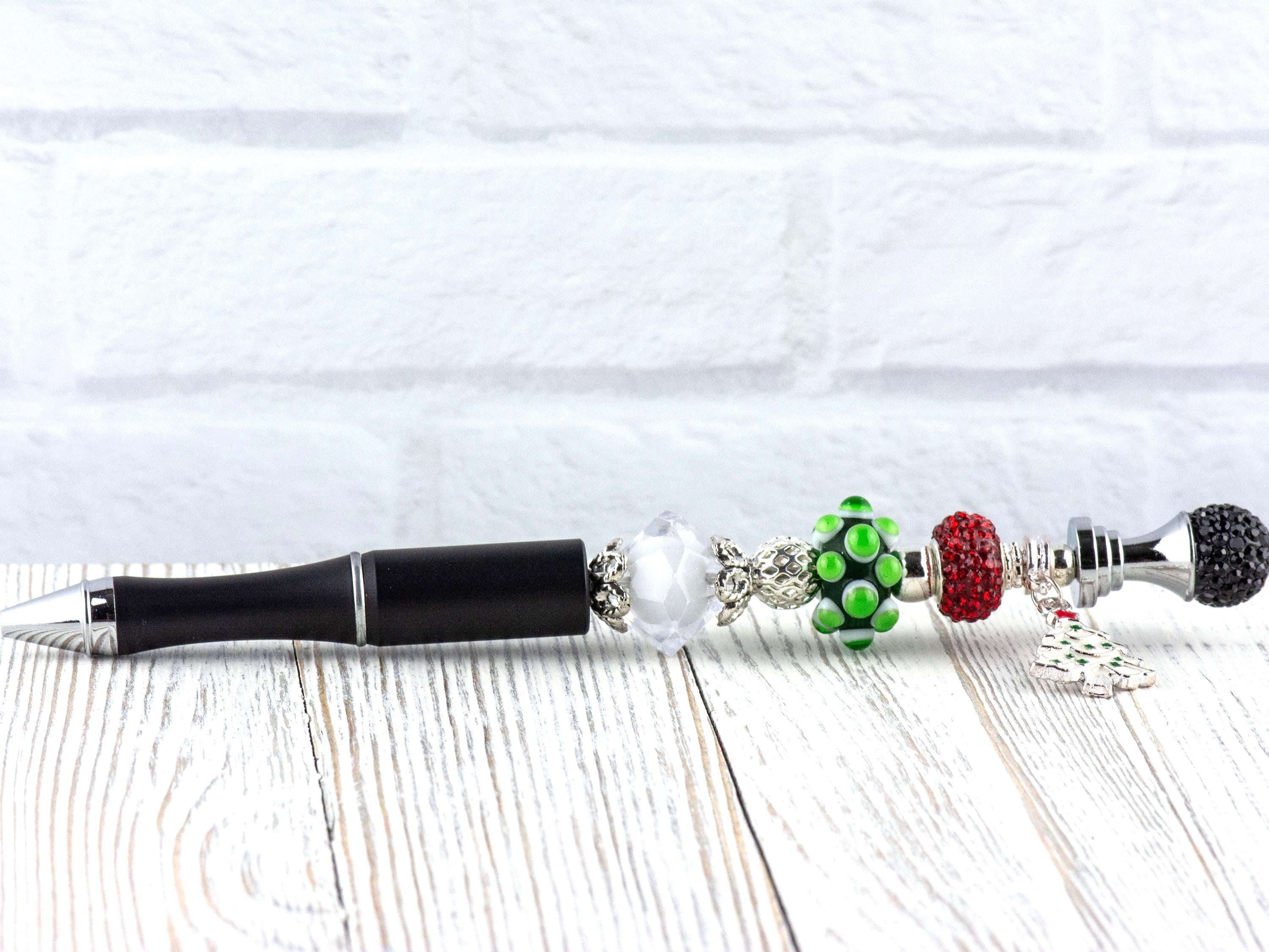 Christmas Tree Charm Beaded Metal Ballpoint Pen with Lampwork Glass Beads • Black Ink (Extra Refill)