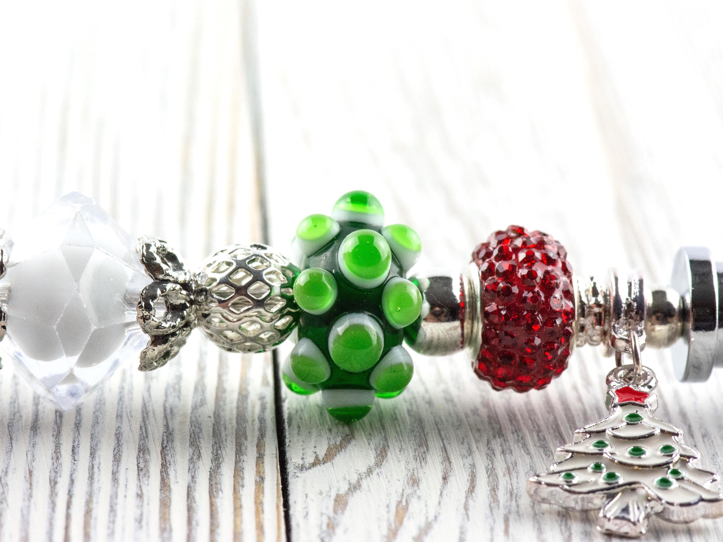 Christmas Tree Charm Beaded Metal Ballpoint Pen with Lampwork Glass Beads • Black Ink (Extra Refill)