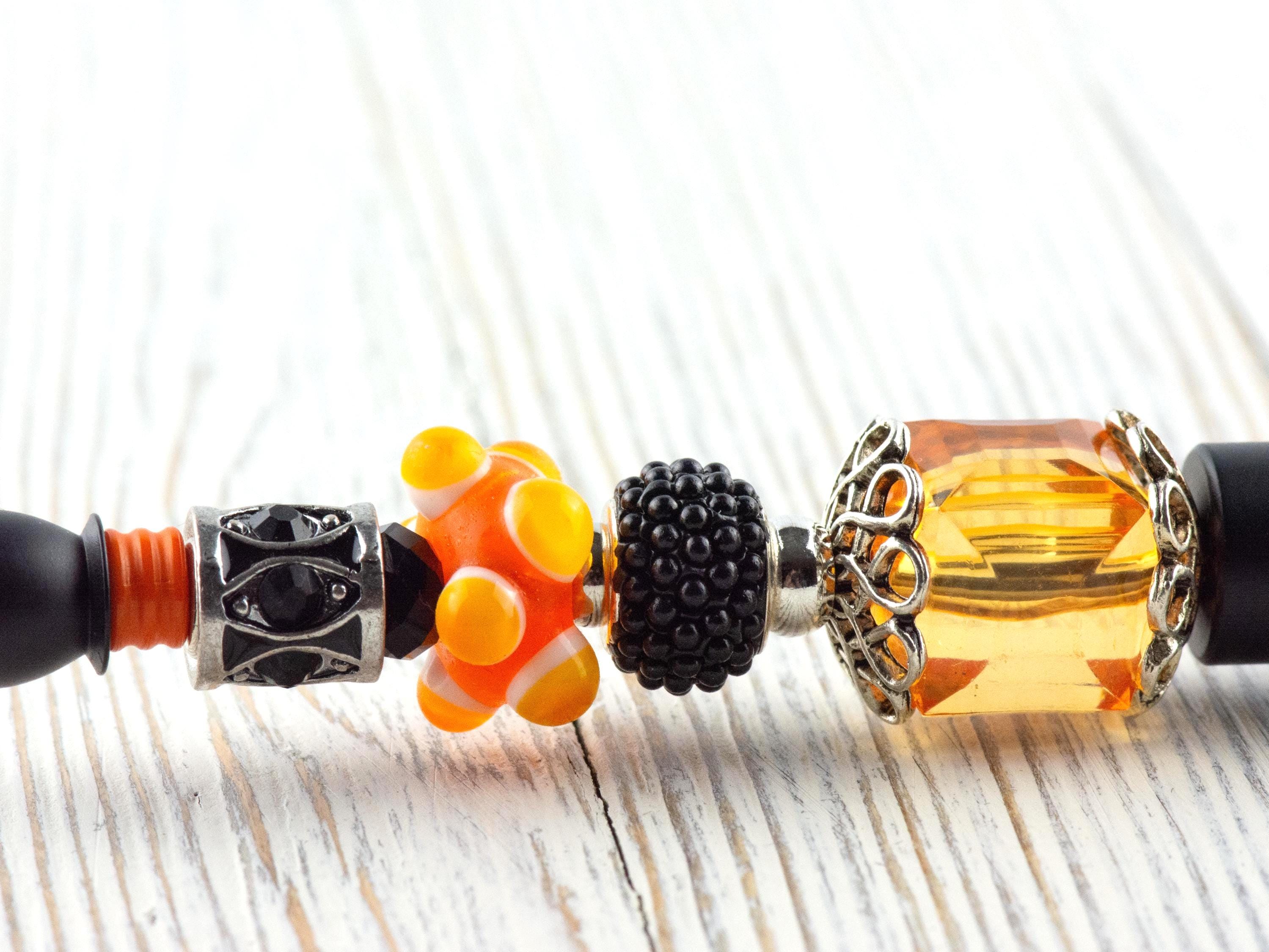 Orange and Black Beaded Metal Ballpoint Pen with Lampwork Glass Beads • Black Ink (Extra Refill)
