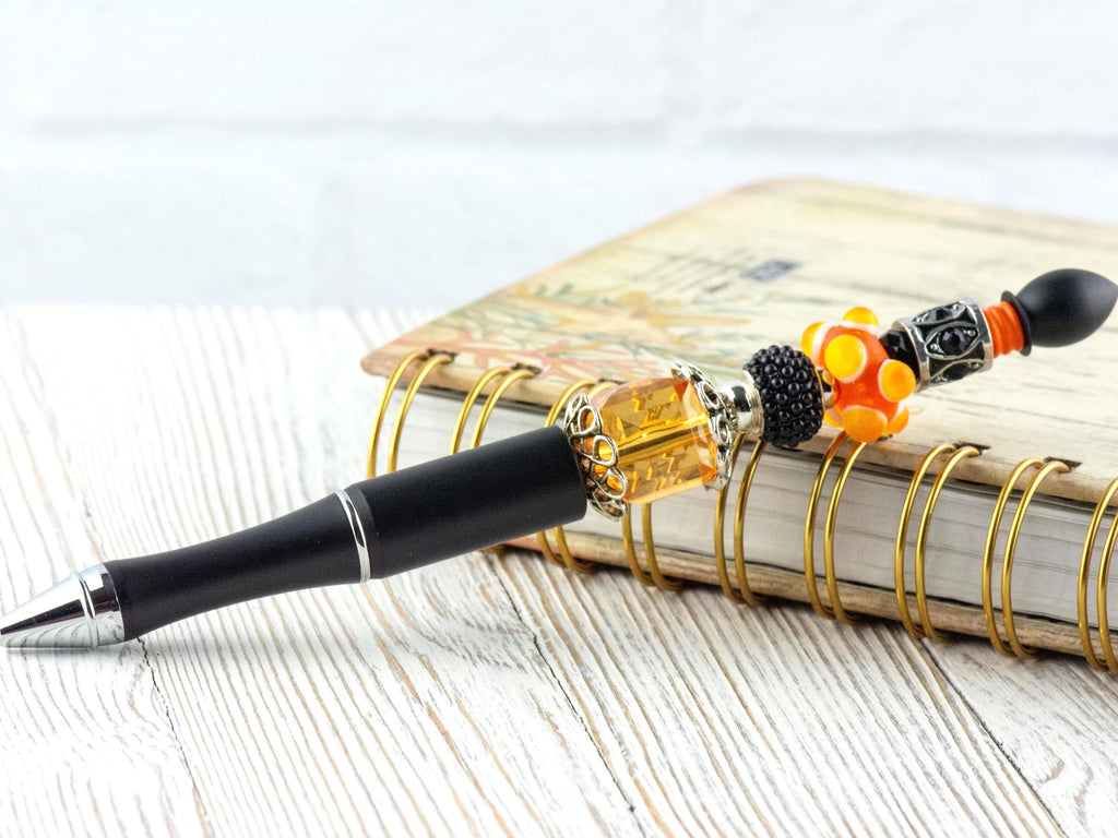 Orange and Black Beaded Metal Ballpoint Pen with Lampwork Glass Beads • Black Ink (Extra Refill)