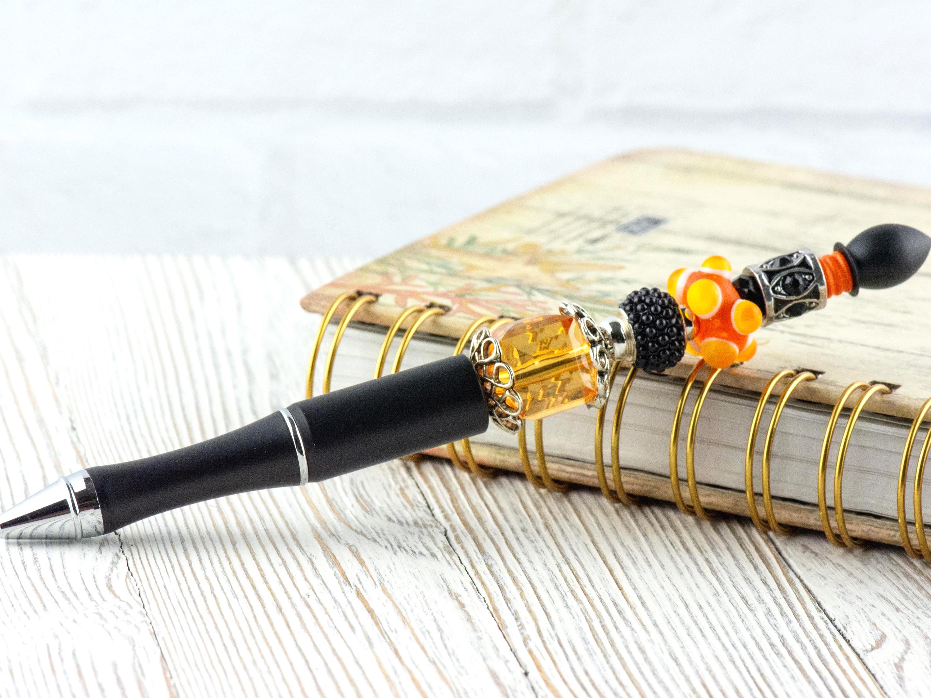 Orange and Black Beaded Metal Ballpoint Pen with Lampwork Glass Beads • Black Ink (Extra Refill)