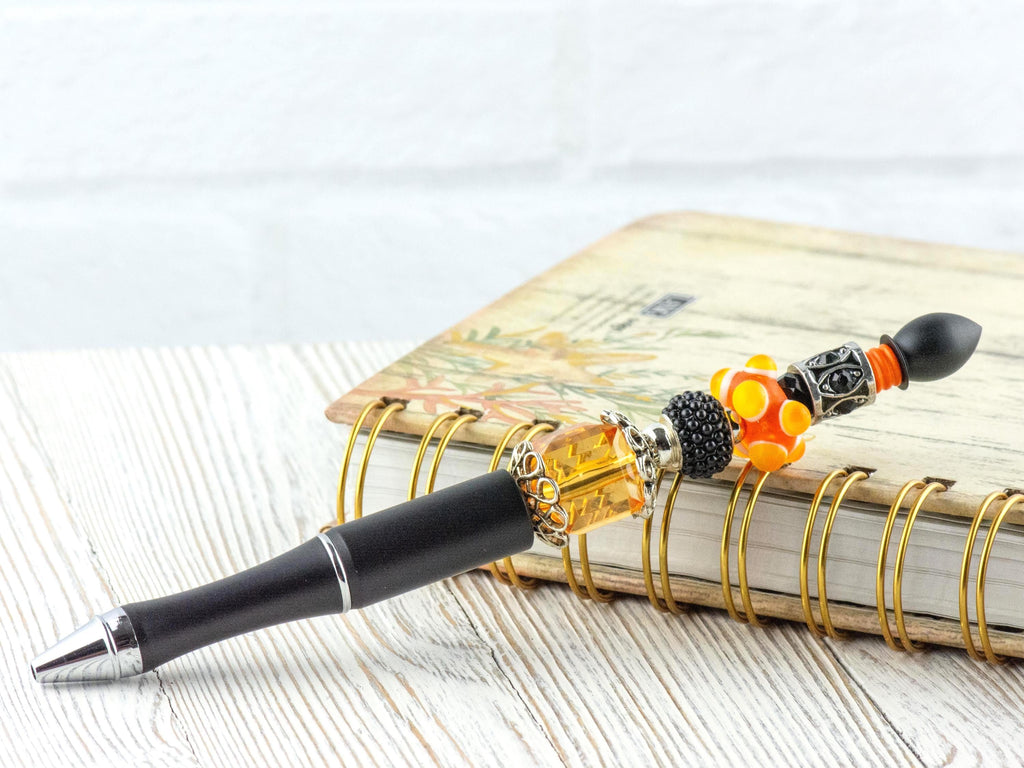 Orange and Black Beaded Metal Ballpoint Pen with Lampwork Glass Beads • Black Ink (Extra Refill)