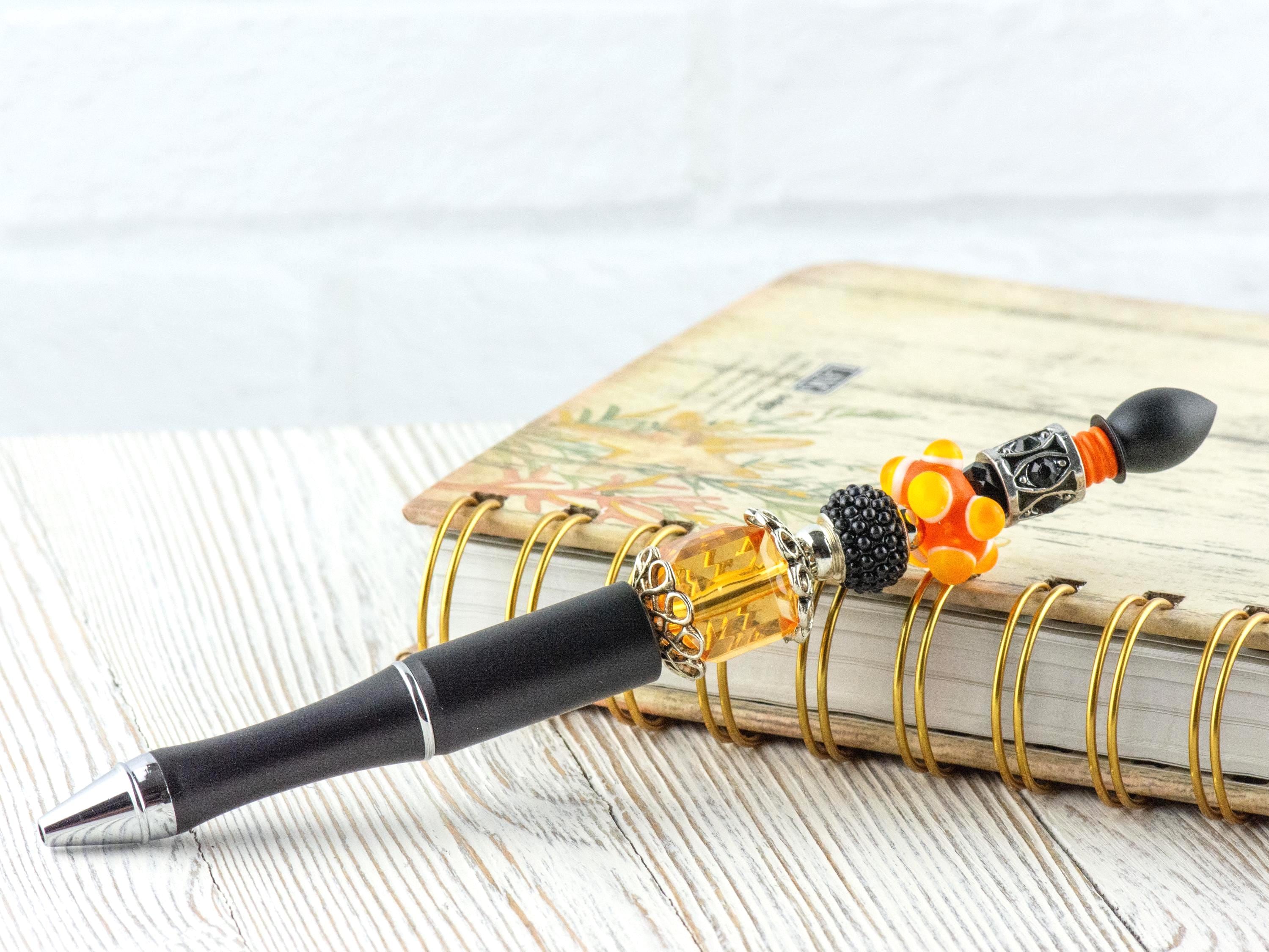 Orange and Black Beaded Metal Ballpoint Pen with Lampwork Glass Beads • Black Ink (Extra Refill)