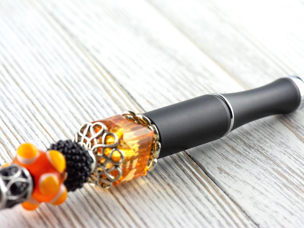 Orange and Black Beaded Metal Ballpoint Pen with Lampwork Glass Beads • Black Ink (Extra Refill)