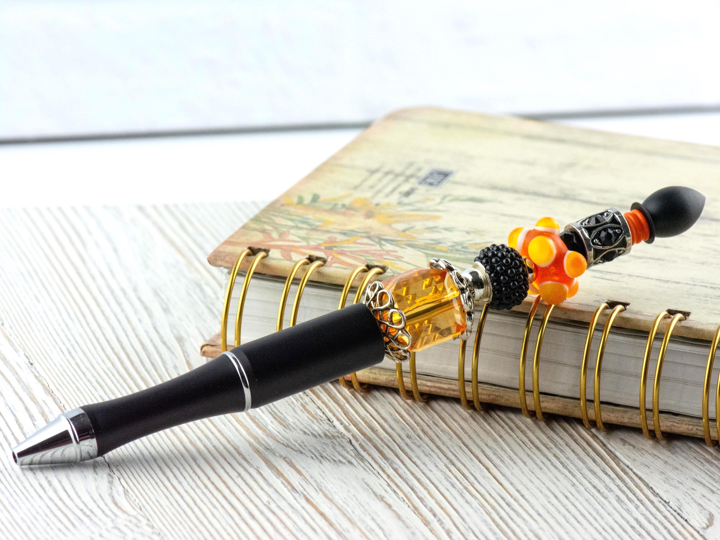 Orange and Black Beaded Metal Ballpoint Pen with Lampwork Glass Beads • Black Ink (Extra Refill)