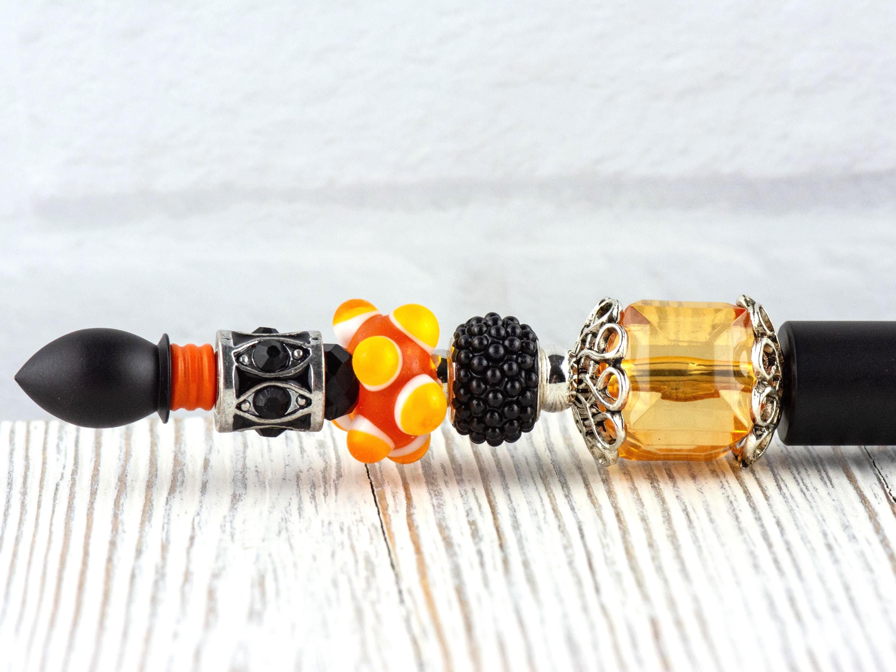 Orange and Black Beaded Metal Ballpoint Pen with Lampwork Glass Beads • Black Ink (Extra Refill)