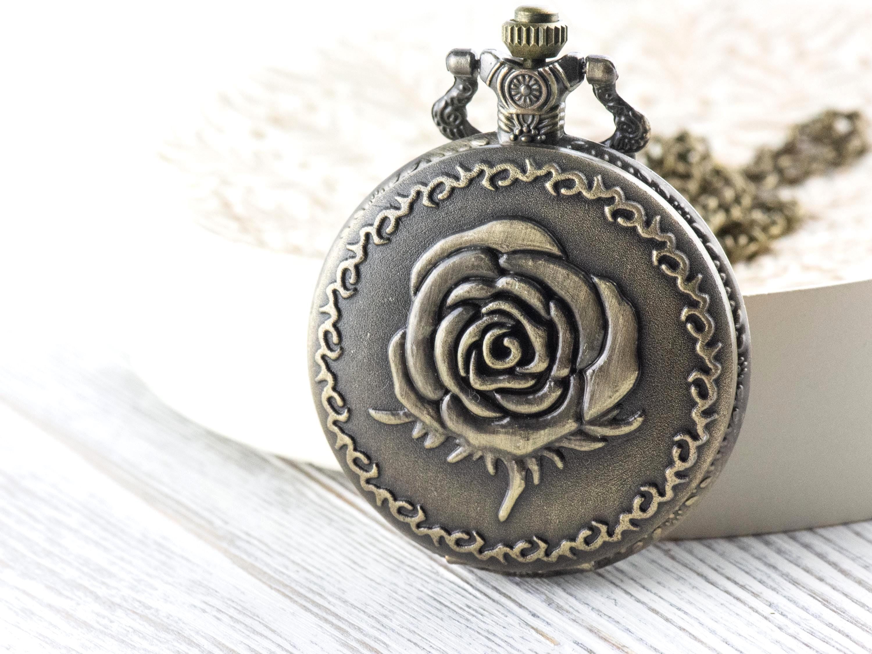 Rose Bronze Pocket Watch Long Necklace / Unique Watches / Nature-Inspired Jewelry / Large Pocket Watch