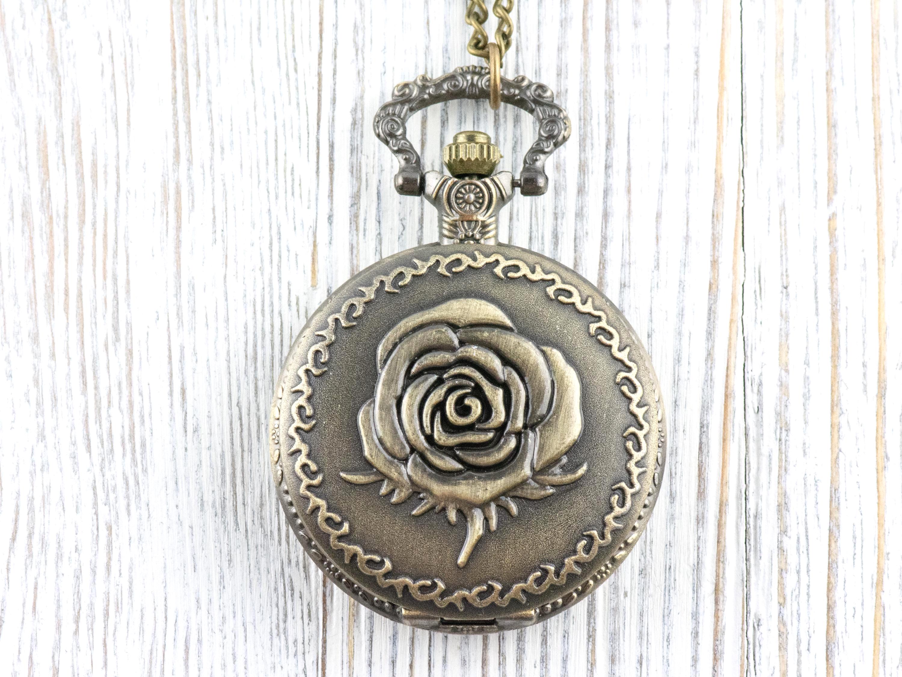 Rose Bronze Pocket Watch Long Necklace / Unique Watches / Nature-Inspired Jewelry / Large Pocket Watch